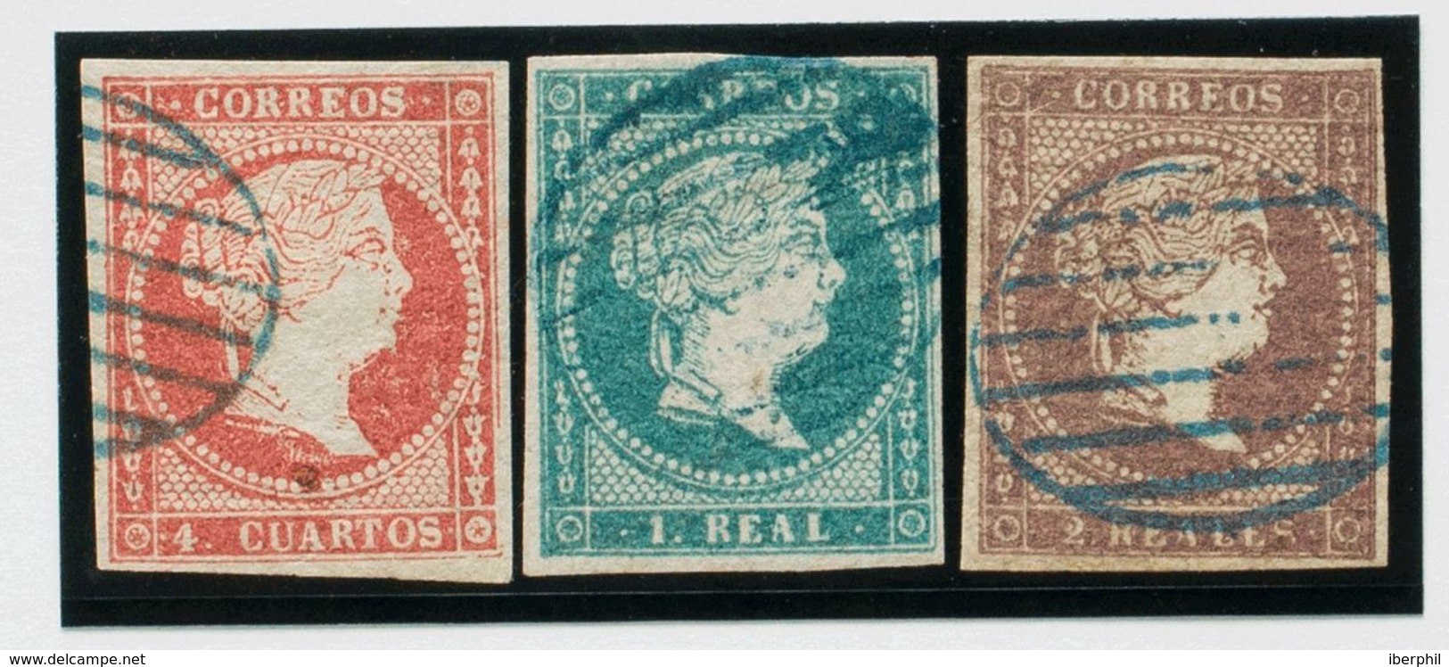 º44, 45, 46. 1855. 4 Cuartos Rojo, 1 Real Azul Verdoso Y 2 Reales Violeta. Matasello PARRILLA, En Azul. MAGNIFICOS. Edif - Other & Unclassified