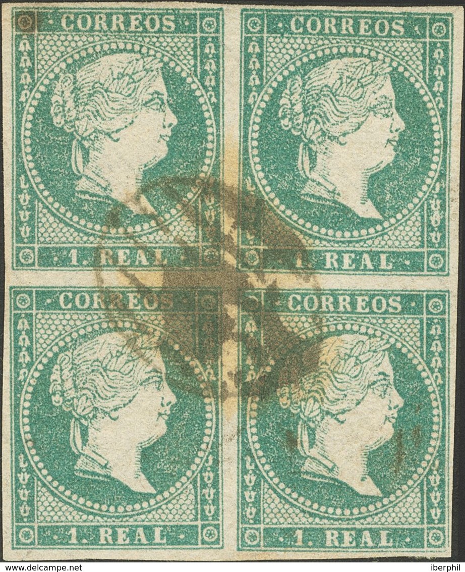 º45(4). 1855. 1 Real Azul Verdoso, Bloque De Cuatro. Matasello PARRILLA. MAGNIFICO Y RARO. Edifil 2014: 1.500 Euros - Other & Unclassified