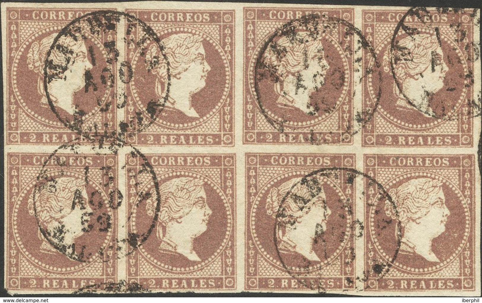 º46(8). 1855. 2 Reales Violeta, Bloque De Ocho (dos Sellos Defectitos Muy Leves). Matasello MARBELLA / MALAGA (Tipo I).  - Sonstige & Ohne Zuordnung