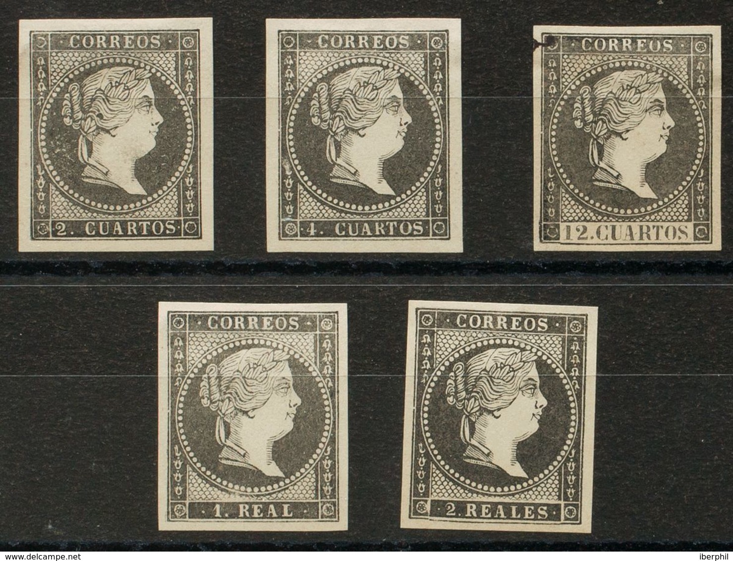 (*)47/50P, NE1P. 1859. 2 Cuartos Negro, 4 Cuartos Negro, 12 Cuartos Negro (no Emitido), 1 Real Negro Y 2 Reales Negro. P - Andere & Zonder Classificatie