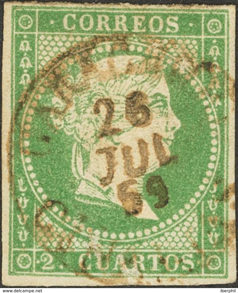 º47. 1855. 2 Cuartos Verde. Matasello GARACHICO / CANARIAS, En Tinta De Escribir, Reforzado A Mano En Origen A Plumilla, - Sonstige & Ohne Zuordnung