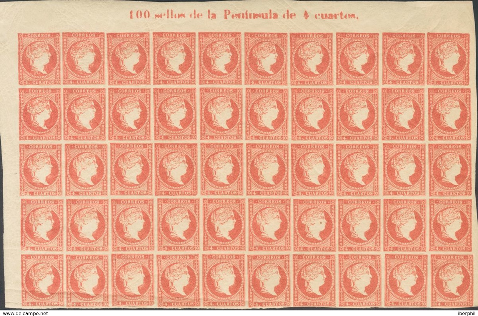 **/*48A(50). 1855. 4 Cuartos Rojo, Bloque De Cincuenta, Conteniendo Diversas Variedades De Cliché (algún Sello Impresión - Other & Unclassified