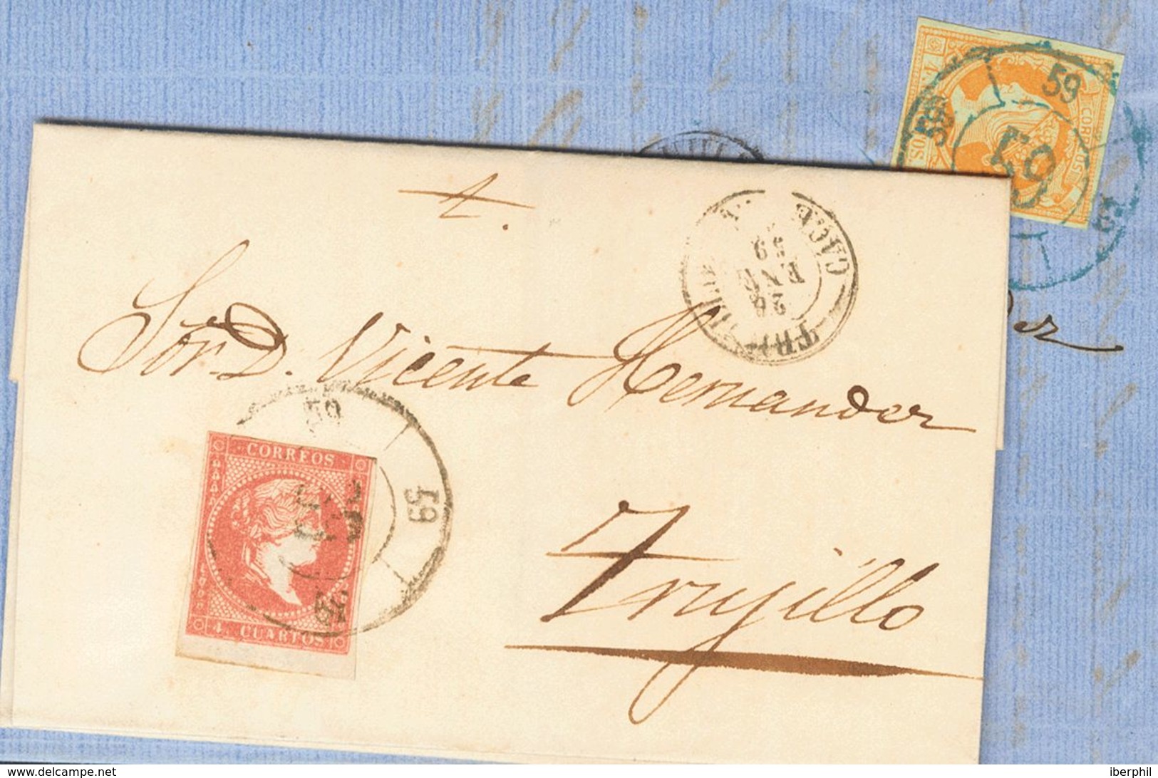 Sobre 48(2), 52. 1855. Conjunto De Dos Cartas Circuladas Con El 4 Cuartos Rojo Y El 4 Cuartos Amarillo, Respectivamente  - Other & Unclassified