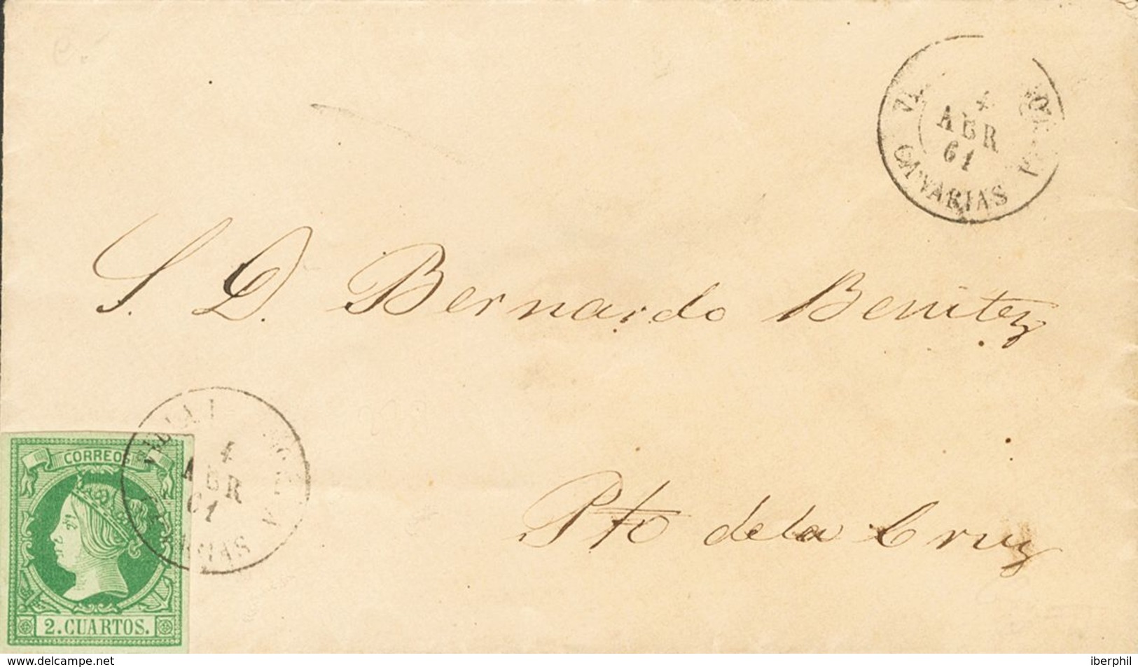 Sobre 51. 1861. 2 Cuartos Verde. LA OROTAVA A PUERTO DE LA CRUZ. Matasello VILLA DE OROTAVA / CANARIAS. MAGNIFICA. - Sonstige & Ohne Zuordnung