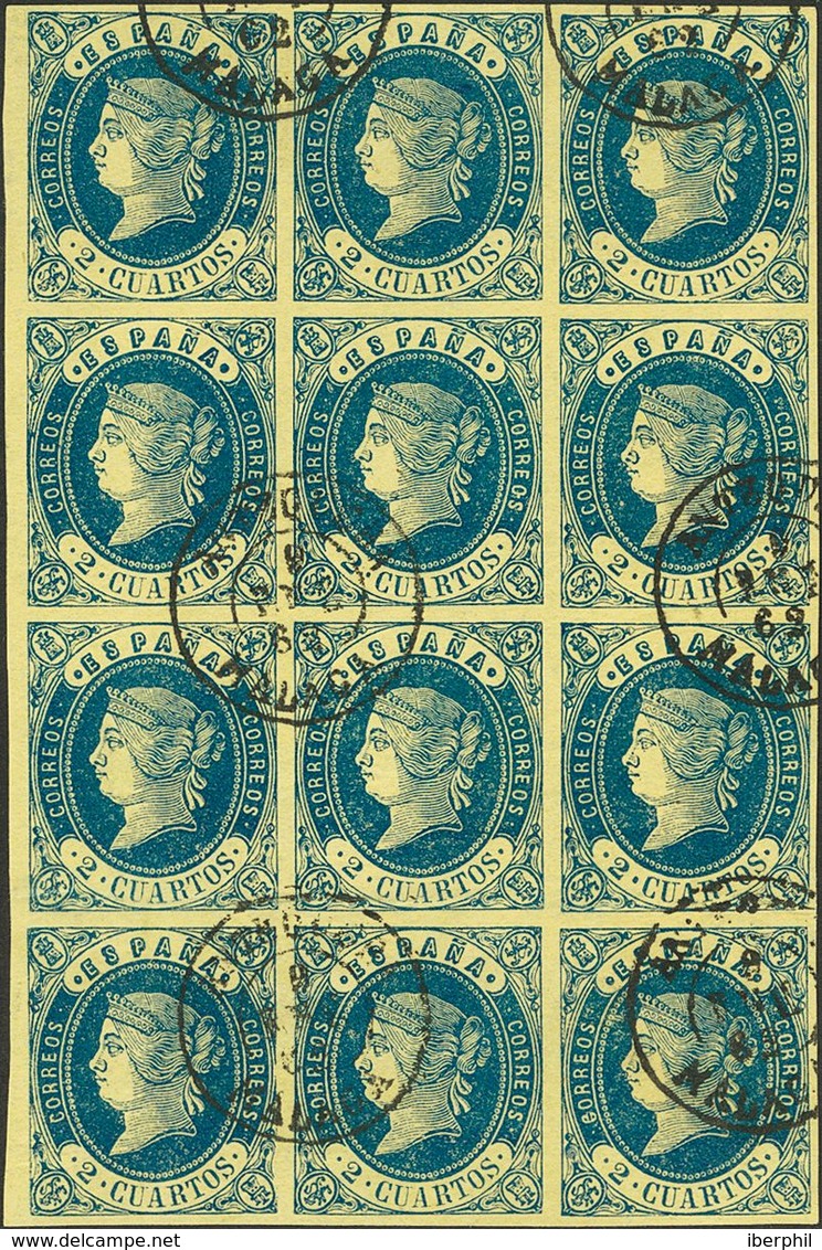 º57(12). 1862. 2 Cuartos Azul, Bloque De Doce. Matasello ANTEQUERA / MALAGA. MAGNIFICO. - Other & Unclassified