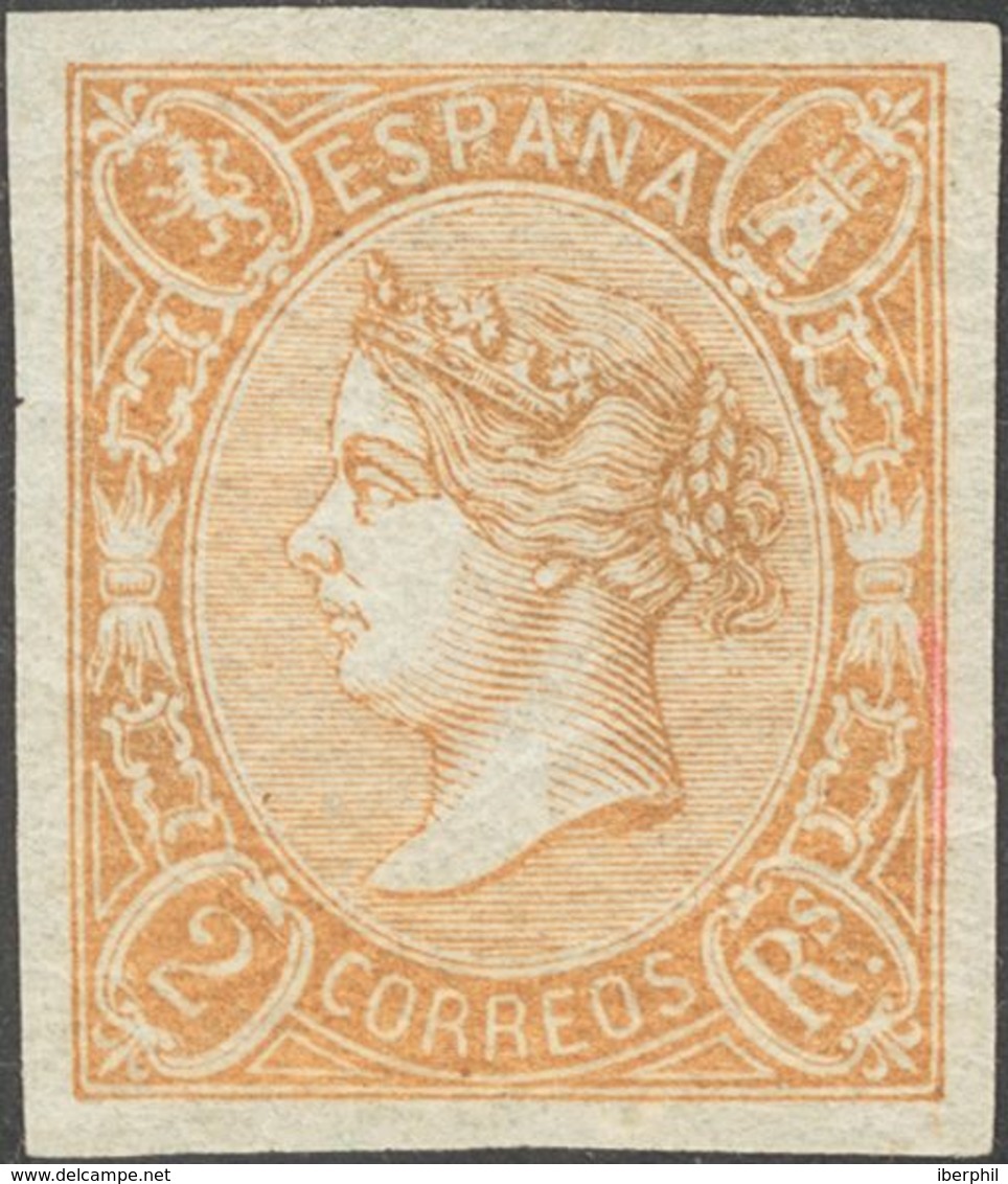 *73Ab. 1865. 2 Reales Castaño Amarillo. PIEZA DE LUJO Y RARISIMA TONALIDAD DE COLOR. Cert. CEM. - Autres & Non Classés