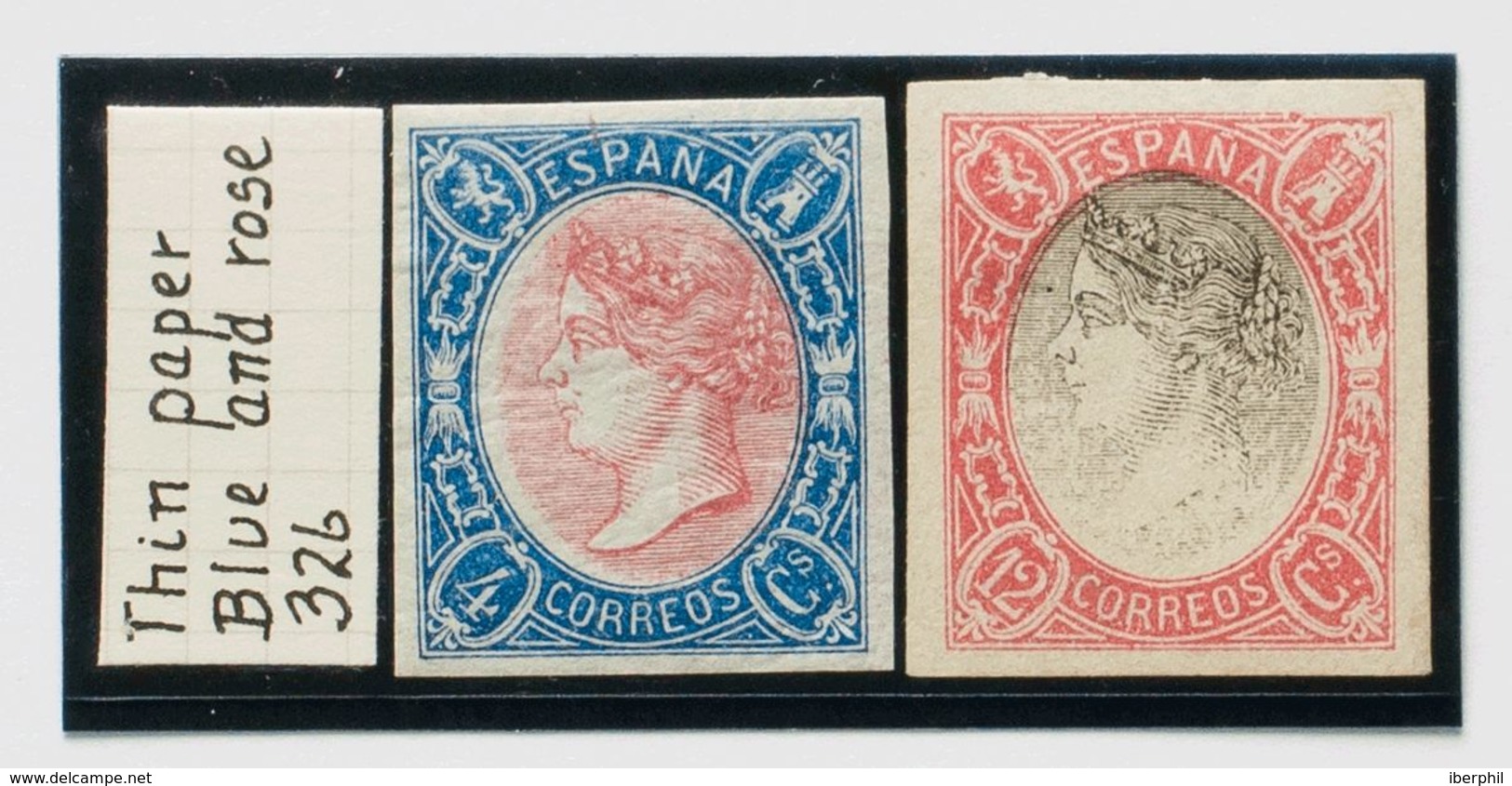 (*)70P, 75P. 1865. 4 Cuartos Azul Y Rosa Y 12 Cuartos Rosa Y Negro. ENSAYOS DE COLOR, Sobre Papel Delgado (grueso En El  - Other & Unclassified