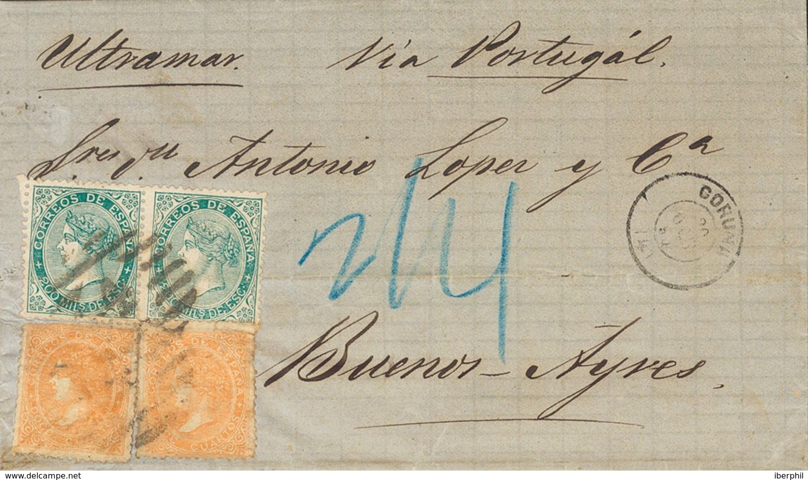 Sobre 89A(2), 100(2). 1869. 12 Cuartos Naranja, Dos Sellos Y 200 Mils Verde, Pareja. LA CORUÑA A BUENOS AIRES (ARGENTINA - Sonstige & Ohne Zuordnung