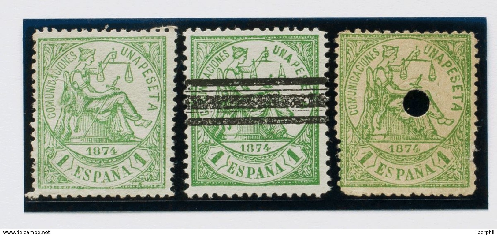 (*)/º150F(3). 1874. Conjunto De Tres FALSOS POSTALES Del 1 Pts Verde, En Nuevo, Barrado Y Taladrado. MAGNIFICO Y RARO CO - Other & Unclassified