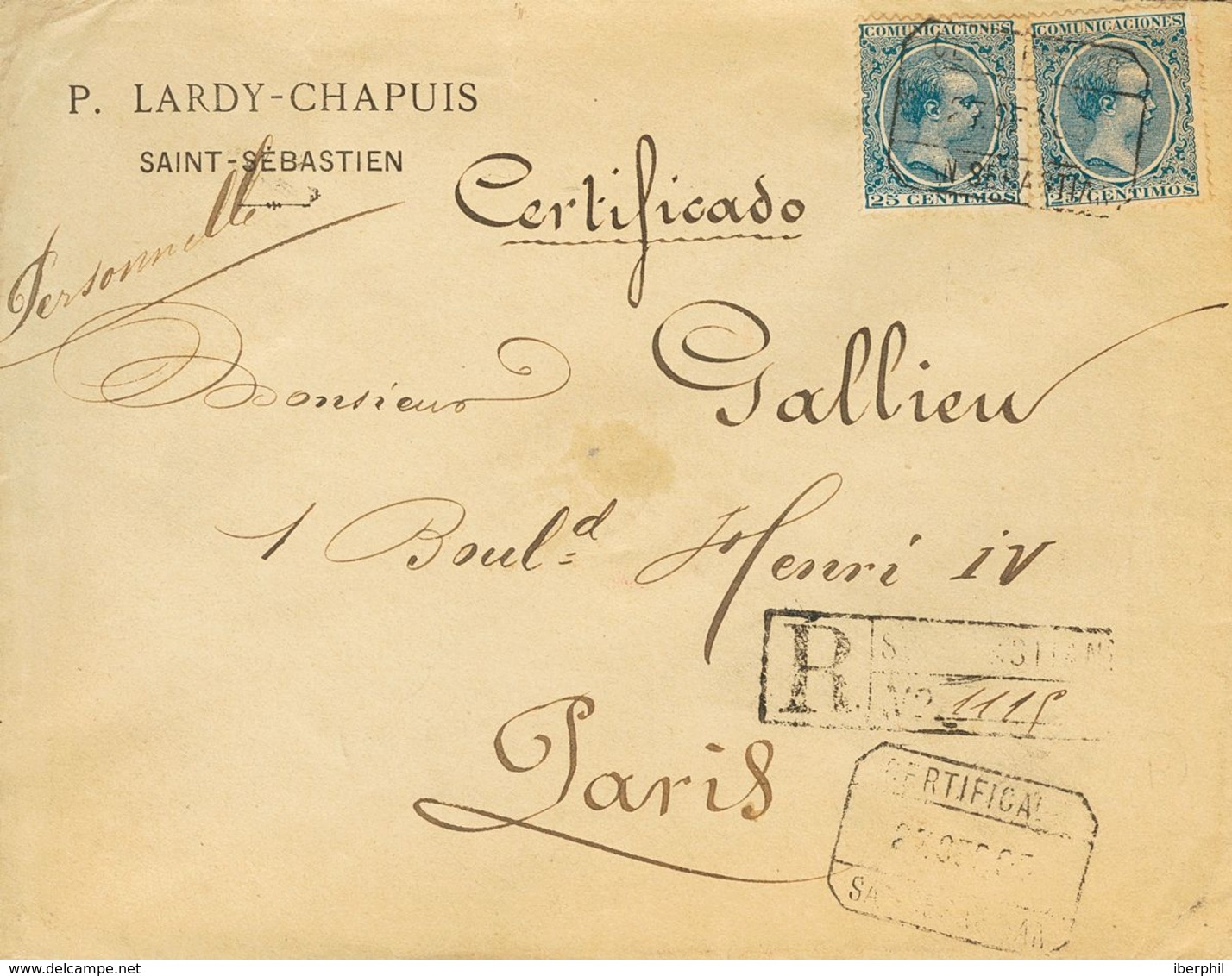 Sobre 221(2). 1895. 25 Cts Azul, Dos Sellos. Certificado De SAN SEBASTIAN A PARIS (FRANCIA). Al Dorso Llegada. MAGNIFICO - Autres & Non Classés