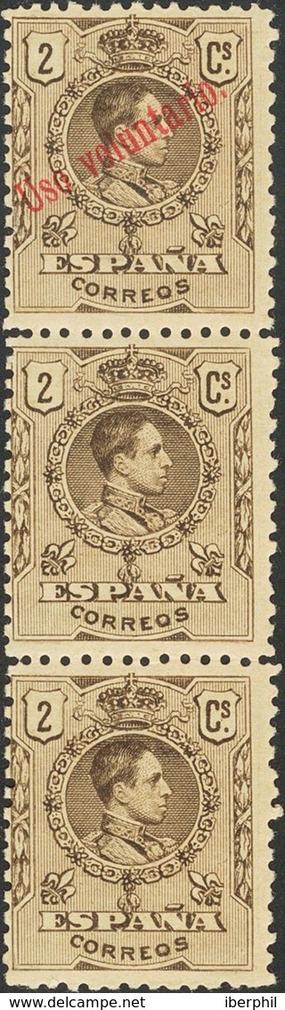 **267N(2), 267H. 1909. 2 Cts Castaño, Tira De Tres. Un Sello Sobrecarga USO VOLUNTARIO, En Rojo. MAGNIFICA Y RARISIMA. - Andere & Zonder Classificatie