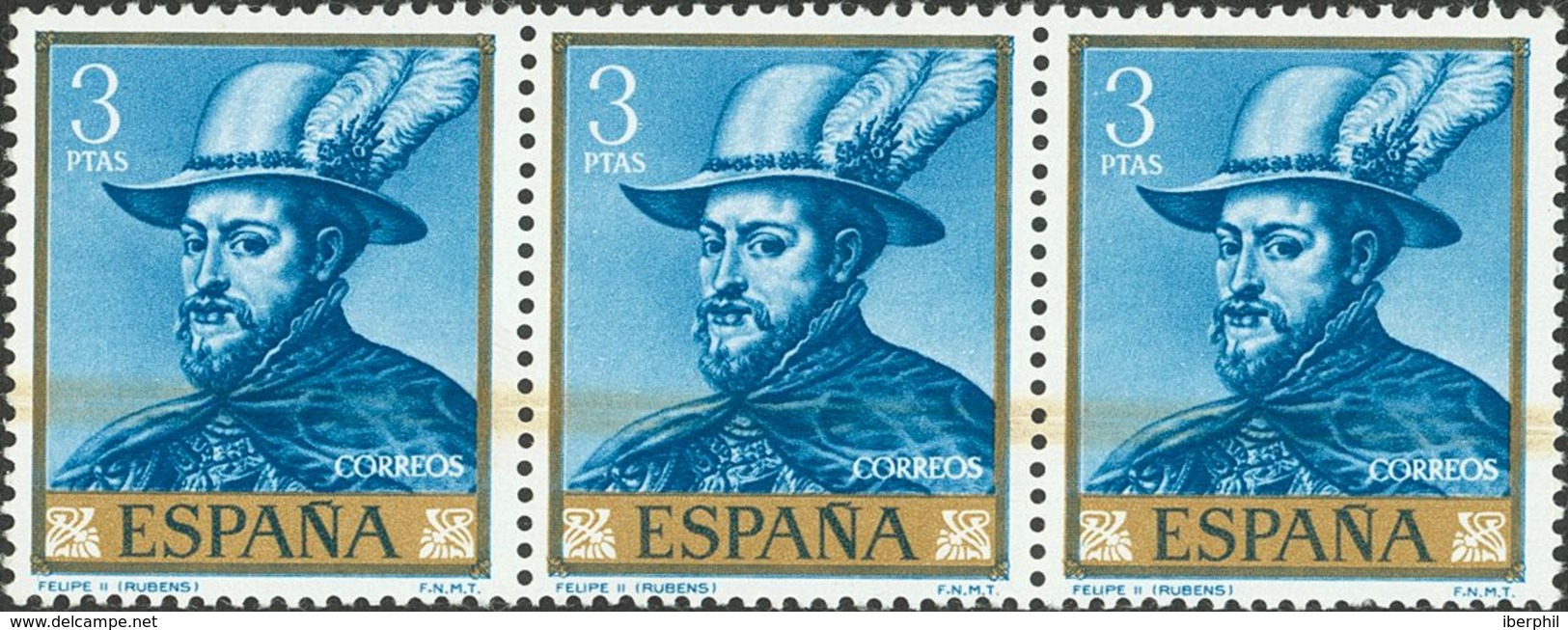 **1436id. 1962. 3 Pts Azul Y Oro, Tira De Tres. Variedad FRANJA DORADA EN EL CENTRO. MAGNIFICA. Edifil 2015: 234 Euros - Autres & Non Classés