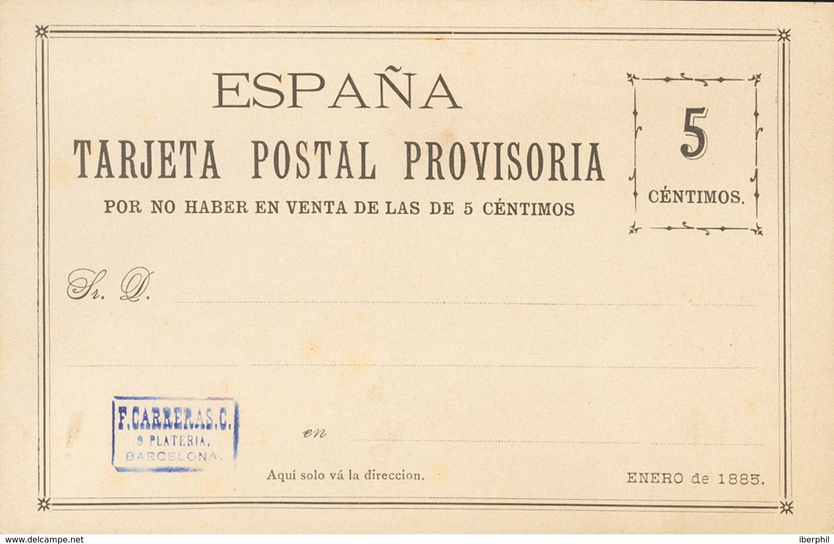 (*)EPCC2. 1885. 5 Cts Negro. TARJETA POSTAL PROVISORIA DE CARRERAS CANDI (con Marquilla En Violeta). MAGNIFICA. - Autres & Non Classés