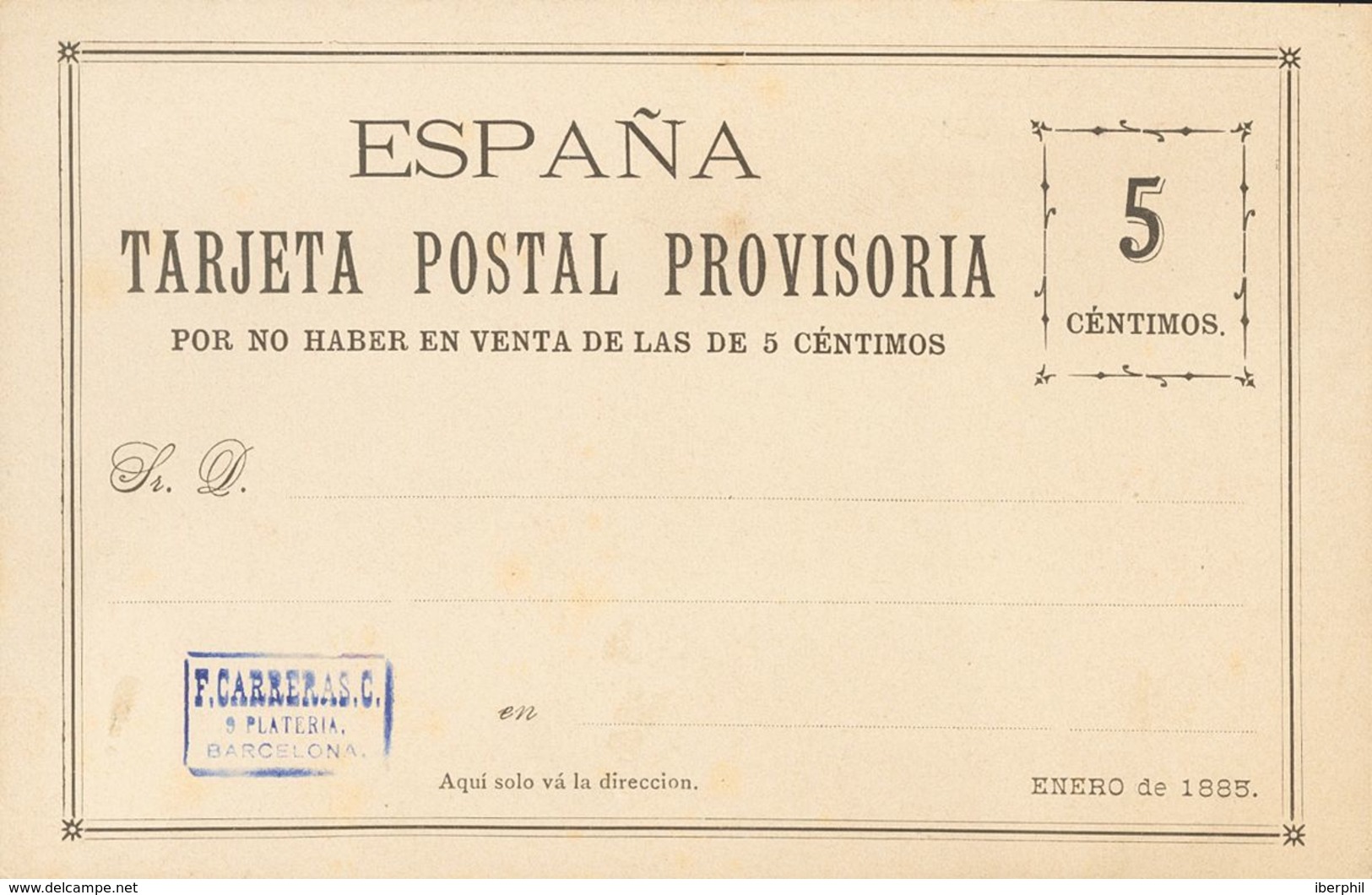 (*)EPCC2. 1885. 5 Cts Negro. TARJETA POSTAL PROVISORIA DE CARRERAS CANDI (con Marquilla En Violeta). MAGNIFICA. - Otros & Sin Clasificación