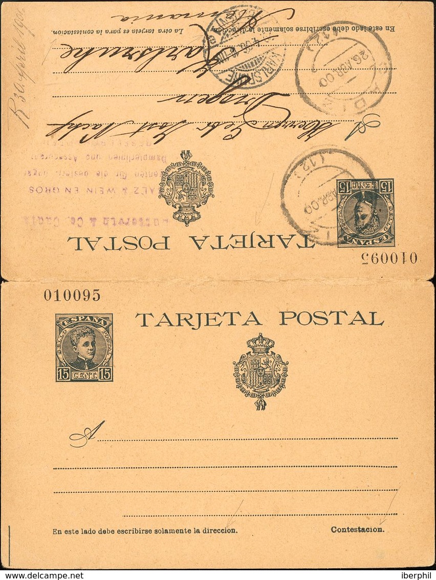 Sobre EP38. 1901. 15 Cts + 15 Cts Pizarra Sobre Tarjeta Entero Postal, De Ida Y Vuelta. La Ida Circulada De CADIZ A KARL - Autres & Non Classés