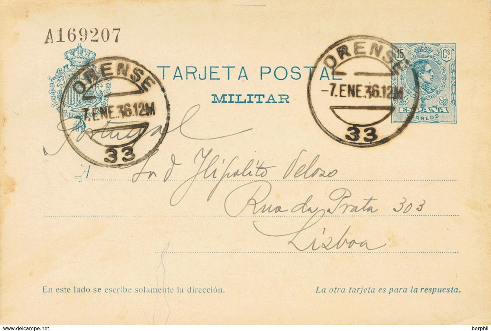 Sobre EP1i. 1936. 15 Cts Azul Sobre Tarjeta Entero Postal Militar De ORENSE A LISBOA, De Ida. MAGNIFICA Y RARA. - Other & Unclassified