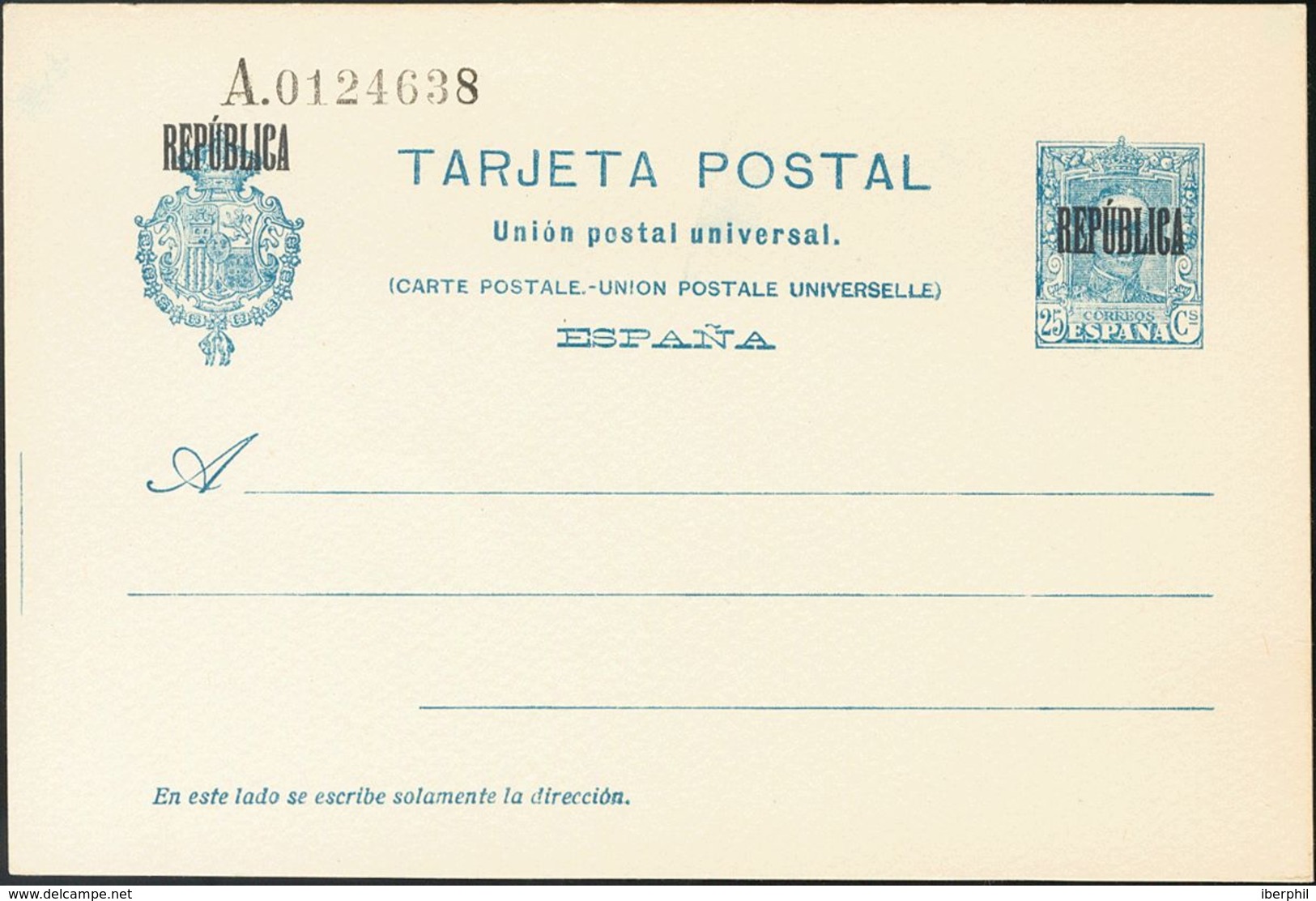 Sobre EPB6. 1931. 25 Cts Azul Sobre Tarjeta Entero Postal. Sobrecarga REPUBLICA, De Barcelona. MAGNIFICA. Edifil 2017: 8 - Andere & Zonder Classificatie