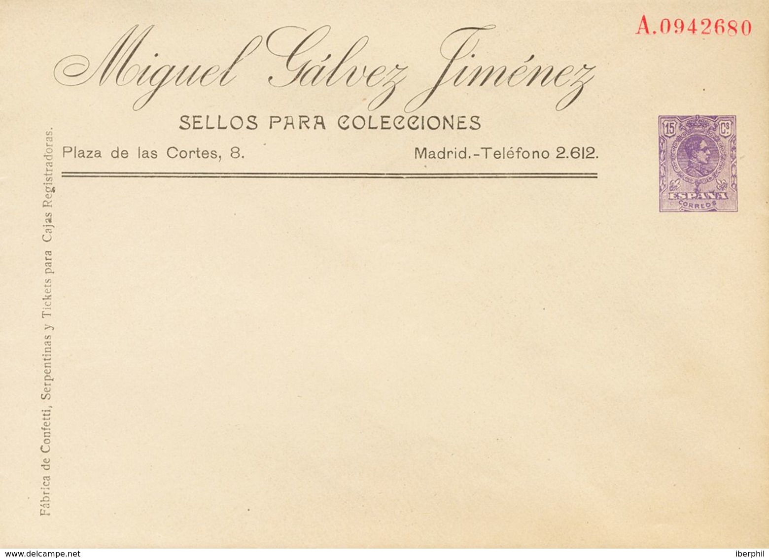 (*)EP258. 1917. 15 Cts Violeta Sobre Entero Postal Privado MIGUEL GALVEZ. MAGNIFICO Y MUY RARO. (Láiz 2006, 400 Euros) - Otros & Sin Clasificación