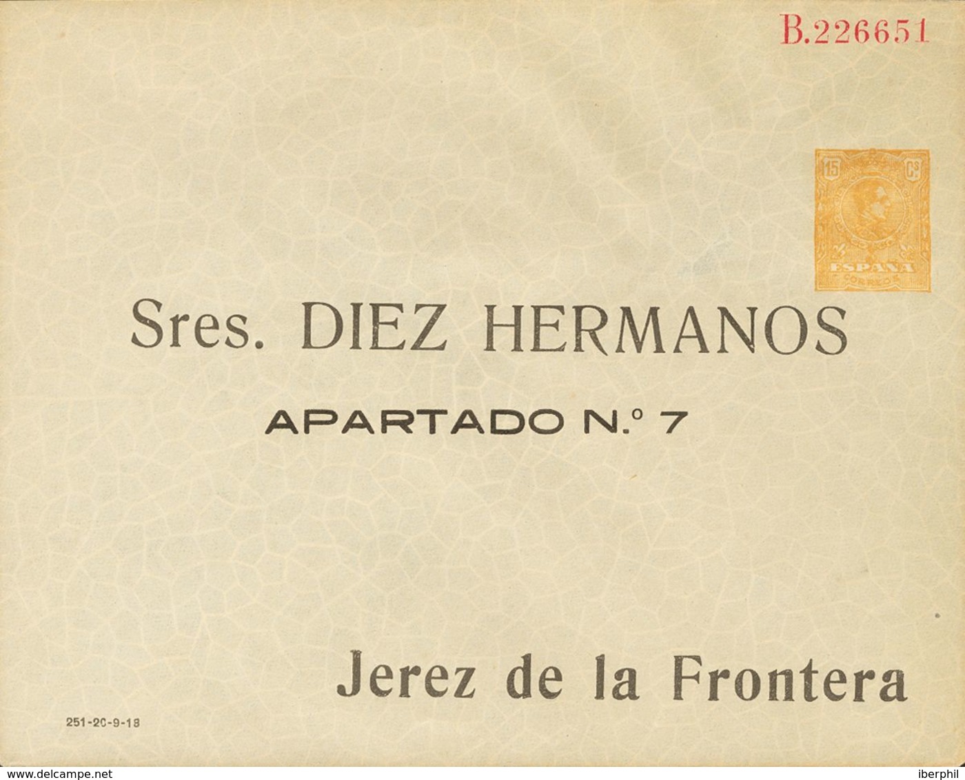 (*)EP281. 1910. 15 Cts Amarillo Sobre Entero Postal Privado DIEZ HERMANOS. MAGNIFICO. (Láiz 2006, 240 Euros) - Other & Unclassified