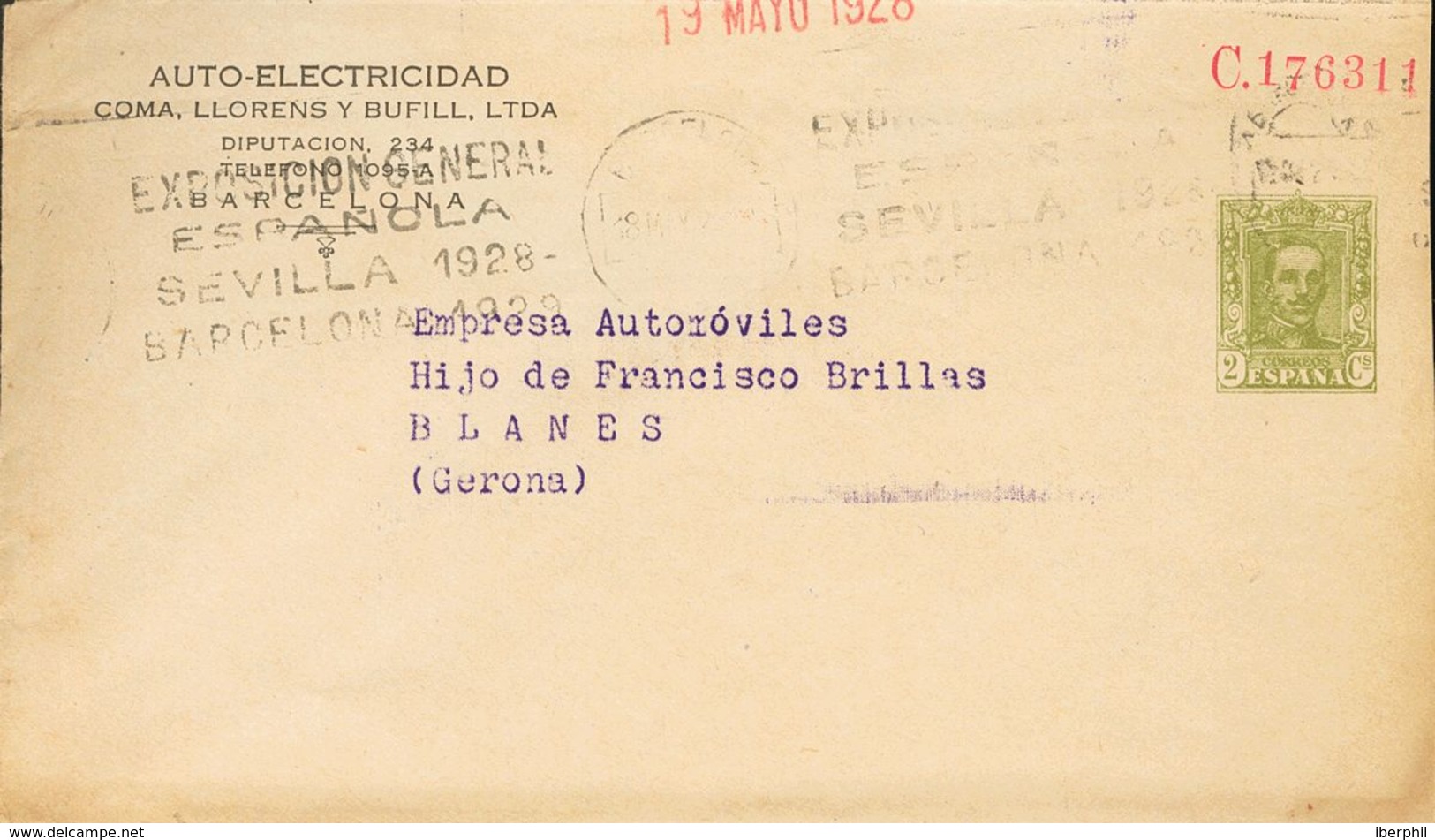 Sobre EP607. 1928. 2 Cts Verde Oliva Sobre Entero Postal Privado AUTO-ELECTRICIDAD (Teléfono 1095A) De BARCELONA A BLANE - Autres & Non Classés