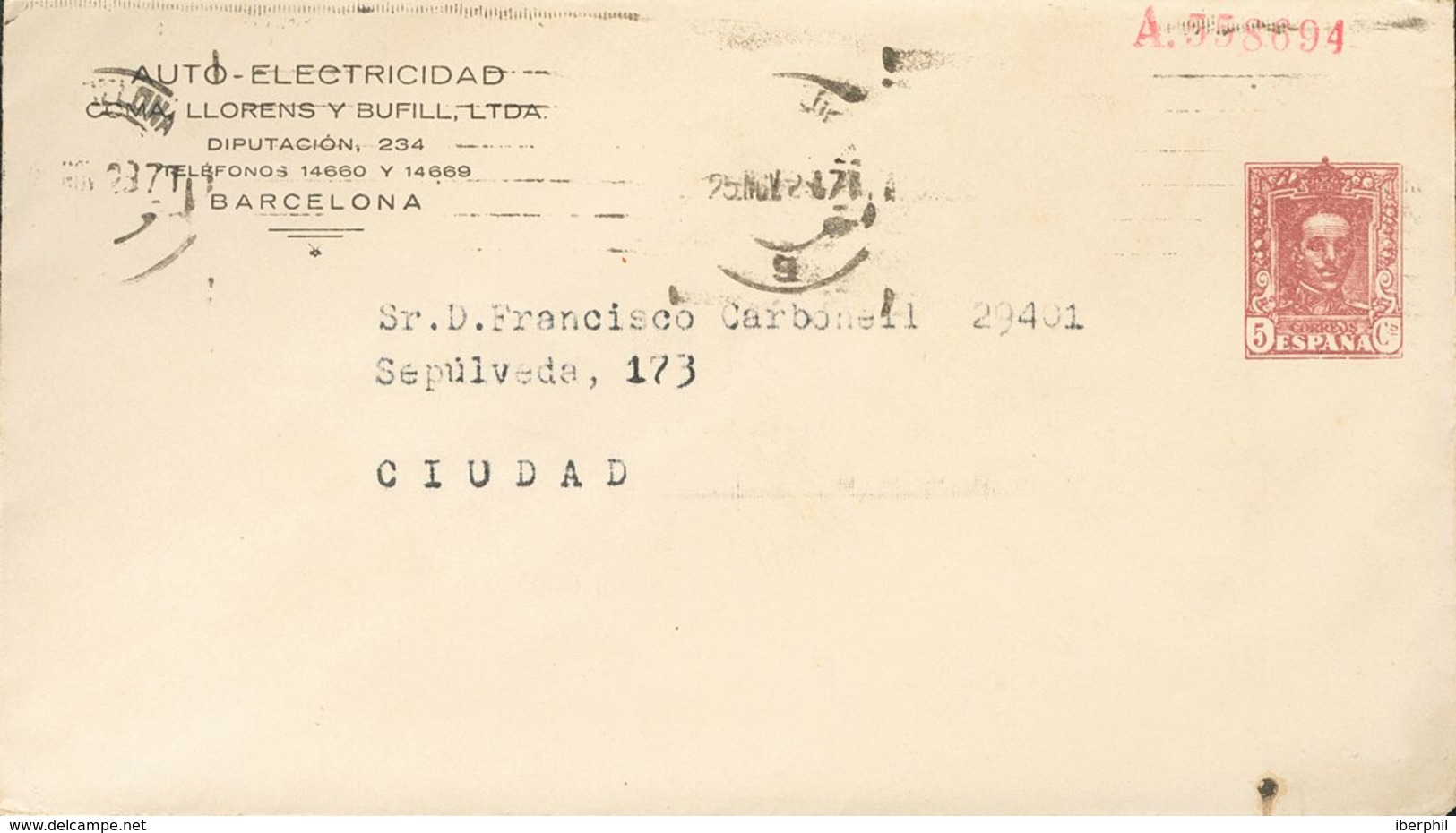 Sobre EP645. 1923. 5 Cts Carmín Lila Sobre Entero Postal Privado AUTO-ELECTRICIDAD (Teléfonos 14660 Y 14669) Correo Inte - Other & Unclassified