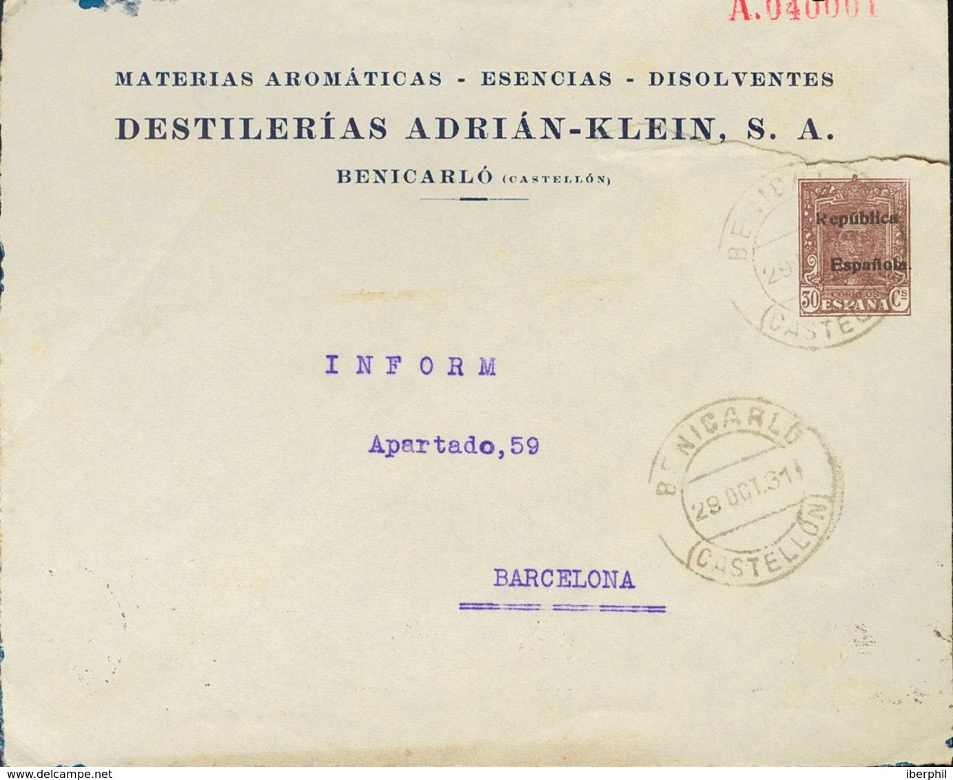 Sobre EP952. 1931. 30 Cts Castaño Sobre Entero Postal Privado DESTILERIAS ADRIAN-KLEIN De CASTELLON A BARCELONA. Al Dors - Autres & Non Classés
