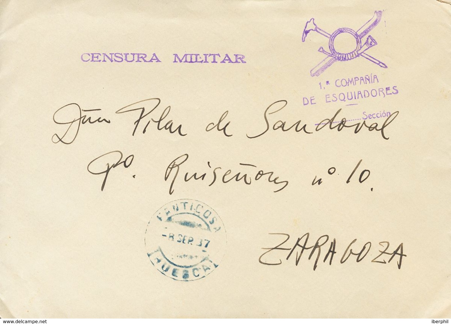 Sobre . 1937. PANTICOSA (HUESCA) A ZARAGOZA. Marca De Franquicia 1ª COMPAÑIA / DE ESQUIADORES, En Violeta Y Al Dorso Lle - Spanish Civil War Labels