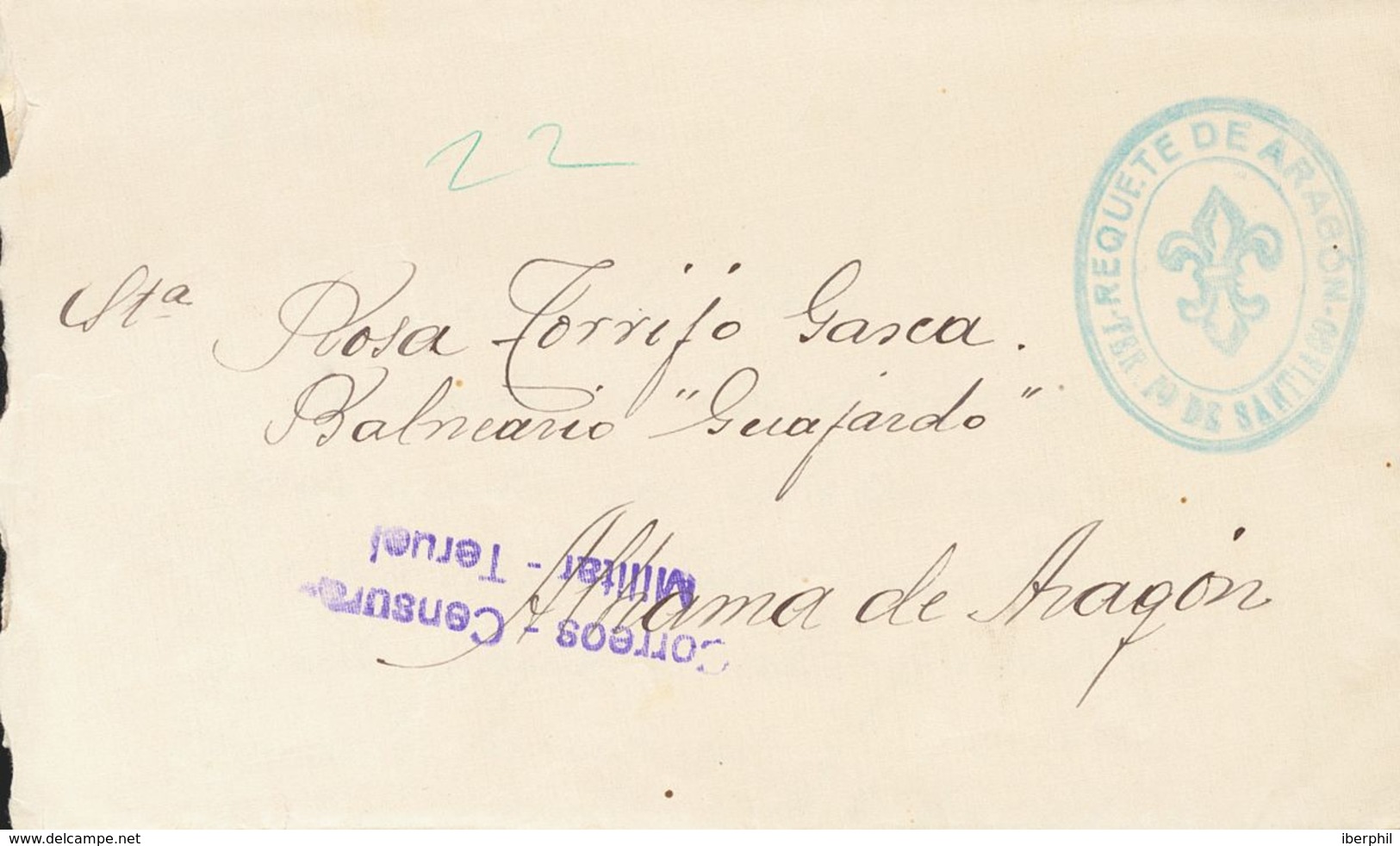 Sobre . 1937. (22 De Junio). Carta (con Texto) De VILLASTAR (TERUEL) A ALHAMA DE ARAGON (ZARAGOZA), Remitida Por Un Teni - Spanish Civil War Labels