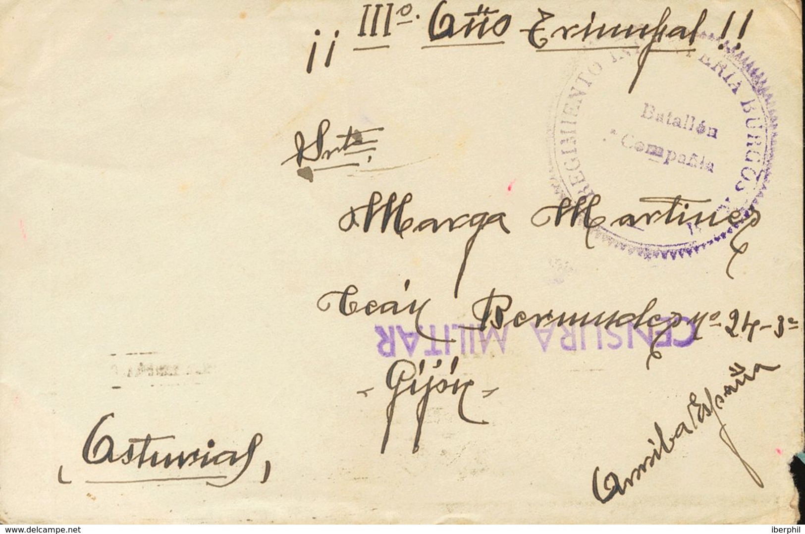 Sobre . 1938. VERTICE SALADA (VALENCIA) (carta Con Texto) A GIJON. Marca De Franquicia REGIMIENTO INFANTERIA BURGOS Nº31 - Spanish Civil War Labels