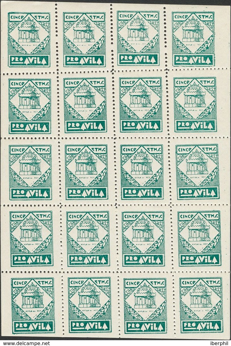 **. 1937. AVILA. 5 Cts Verde Azul Y 5 Cts Verde, Hojas Completas De Veinte Sellos. Contiene Variedades De Cliché. MAGNIF - Spanish Civil War Labels
