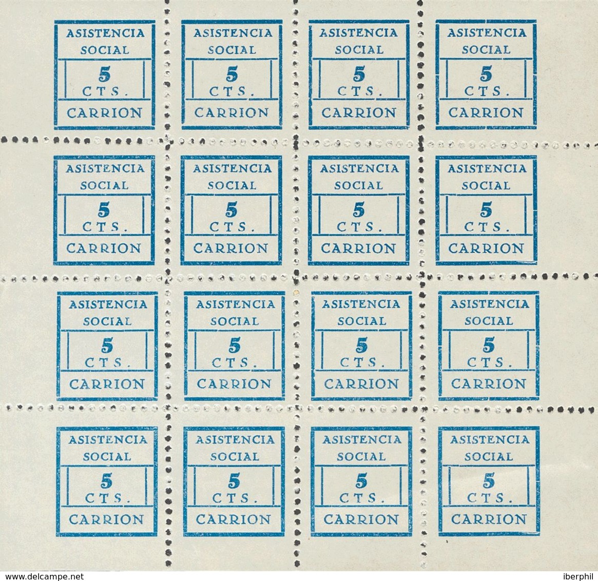 (*). 1937. CARRION DE LOS CESPEDES (SEVILLA). 5 Cts Azul, Hoja Completa De Dieciséis Sellos Con Variedades De Cliché. MA - Verschlussmarken Bürgerkrieg