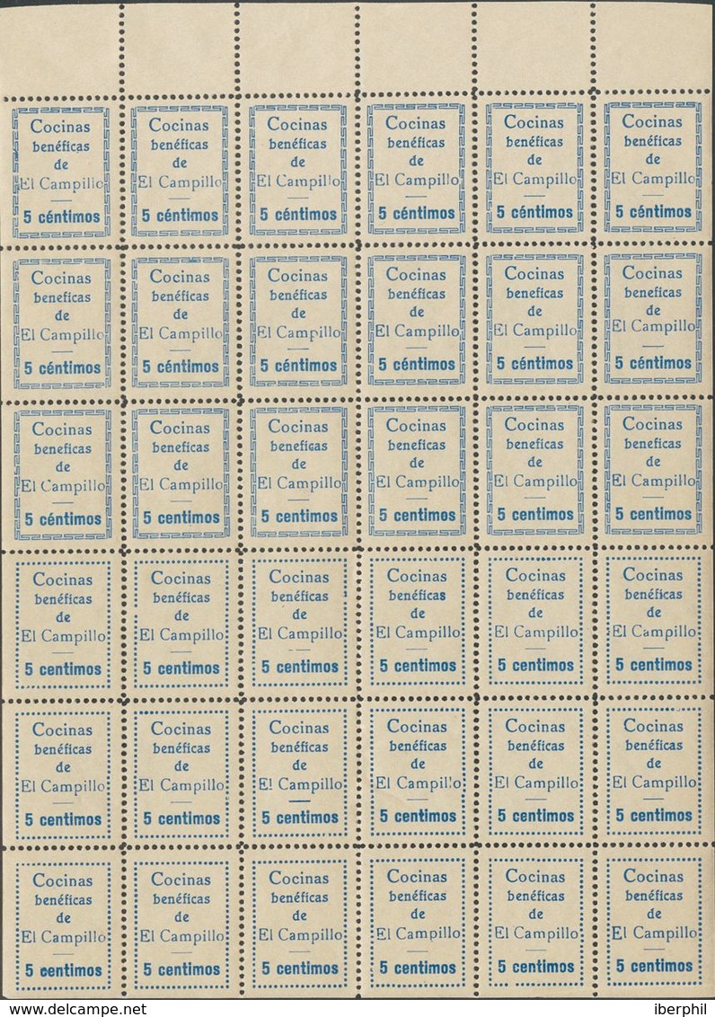 **. 1937. EL CAMPILLO (HUELVA). 5 Cts Azul De COCINAS BENEFICAS, Bloque De Treinta Y Seis, Dieciocho Con Recuadro De Gre - Spanish Civil War Labels
