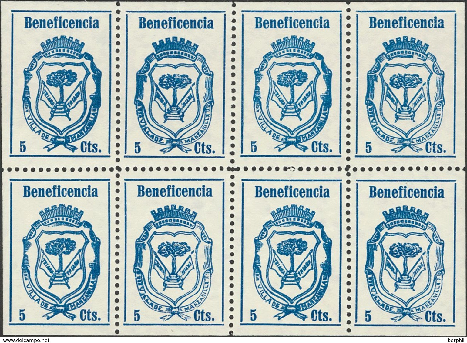 (*). 1937. MANZANILLA (HUELVA). 5 Cts Azul, Hoja Completa De Ocho Sellos. Contiene Las Variedades De Cliché Conocidas. M - Spanish Civil War Labels