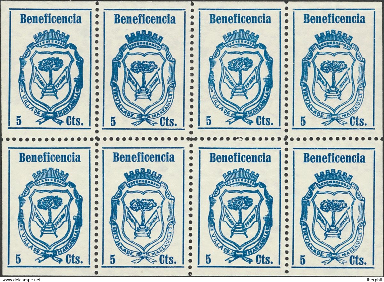 (*). 1937. MANZANILLA (HUELVA). 5 Cts Azul, Hoja Completa De Ocho Sellos. Contiene Las Variedades De Cliché Conocidas. M - Viñetas De La Guerra Civil