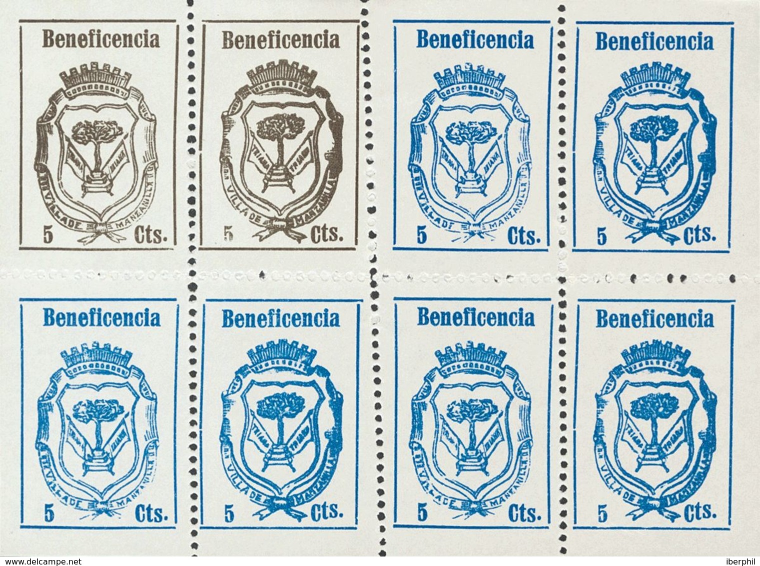 (*). 1937. MANZANILLA (HUELVA). 5 Cts Negro, Dos Sellos Y 5 Cts Azul, Seis Sellos, En Hoja Completa De Ocho Sellos. Cont - Vignetten Van De Burgeroorlog