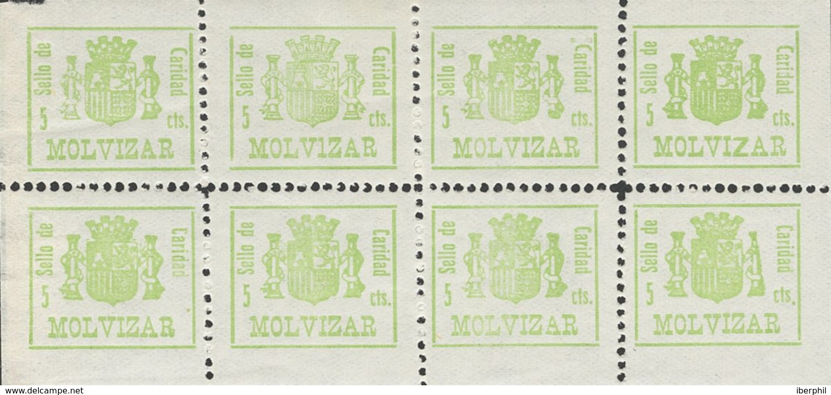 **. 1937. MOLVIZAR (GRANADA). 5 Cts Verde Amarillo, Hoja Completa De Ocho Sellos. Contiene Variedades De Cliché. MAGNIFI - Spanish Civil War Labels