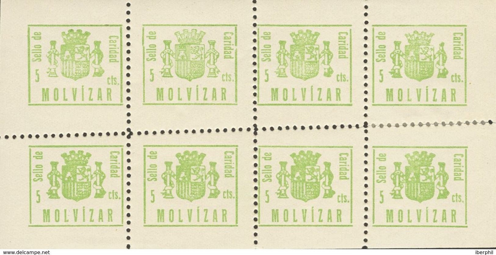 **. 1937. MOLVIZAR (GRANADA). 5 Cts Verde Amarillo, Hoja Completa De Ocho Sellos. Contiene Entre Otras, La Variedad "SIN - Spanish Civil War Labels