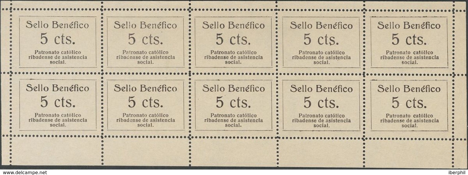 (*). 1937. RIBADEO (LUGO). 5 Cts Negro, Hoja Completa De Diez Sellos. MAGNIFICA. (Fesofi, 1 Y Allepuz, 1) - Vignettes De La Guerre Civile