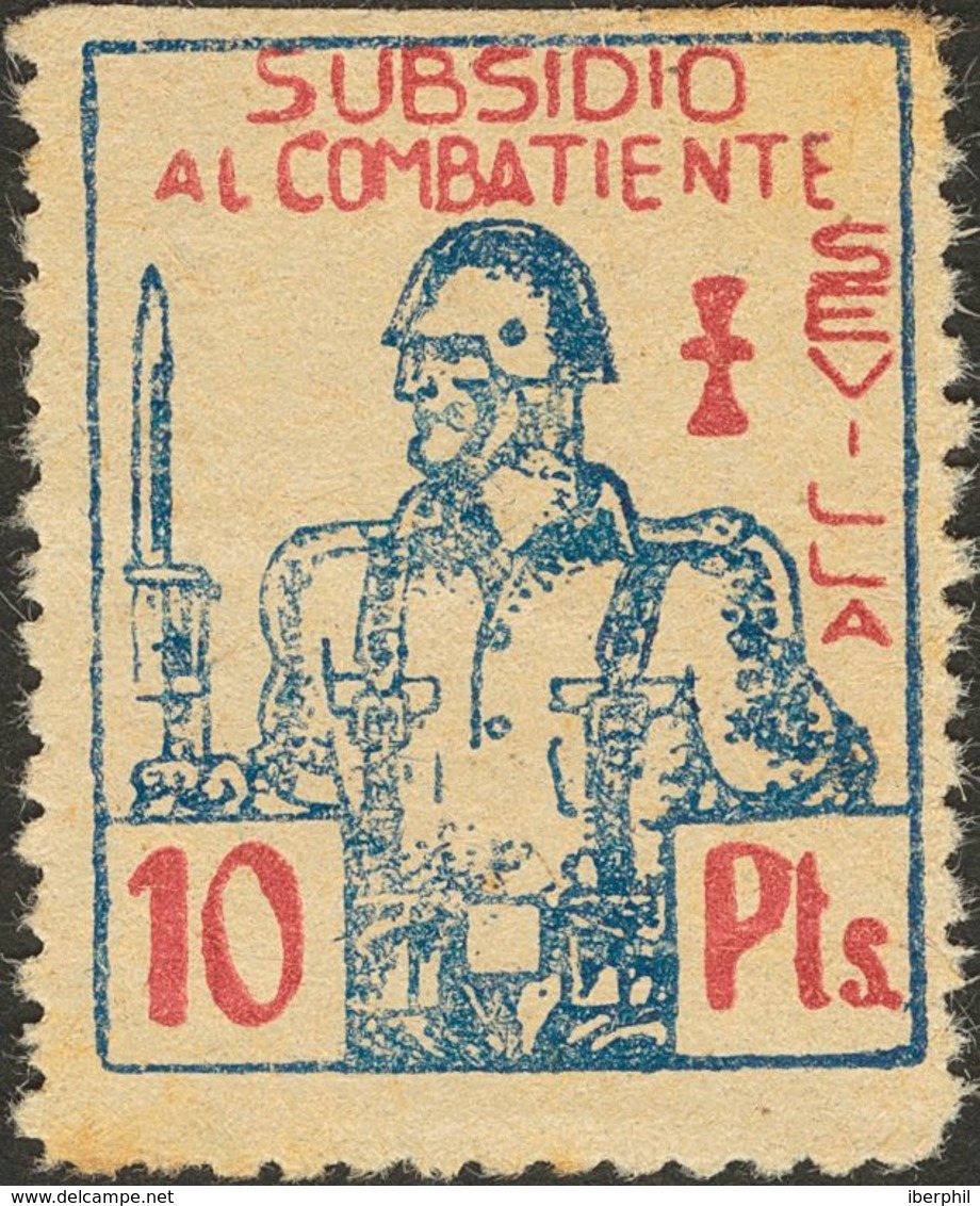 (*). 1937. 10 Pts Azul Y Carmín. SEVILLA. MAGNIFICO Y RARO. (Allepuz 127) - Spanish Civil War Labels