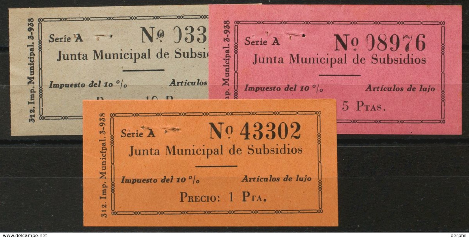 (*). 1937. 1 Pts Negro Sobre Naranja, 5 Pts Negro Sobre Lila Y 10 Pts Negro Sobre Gris. SEVILLA. JUNTA MUNICIPAL DE SUBS - Spanish Civil War Labels