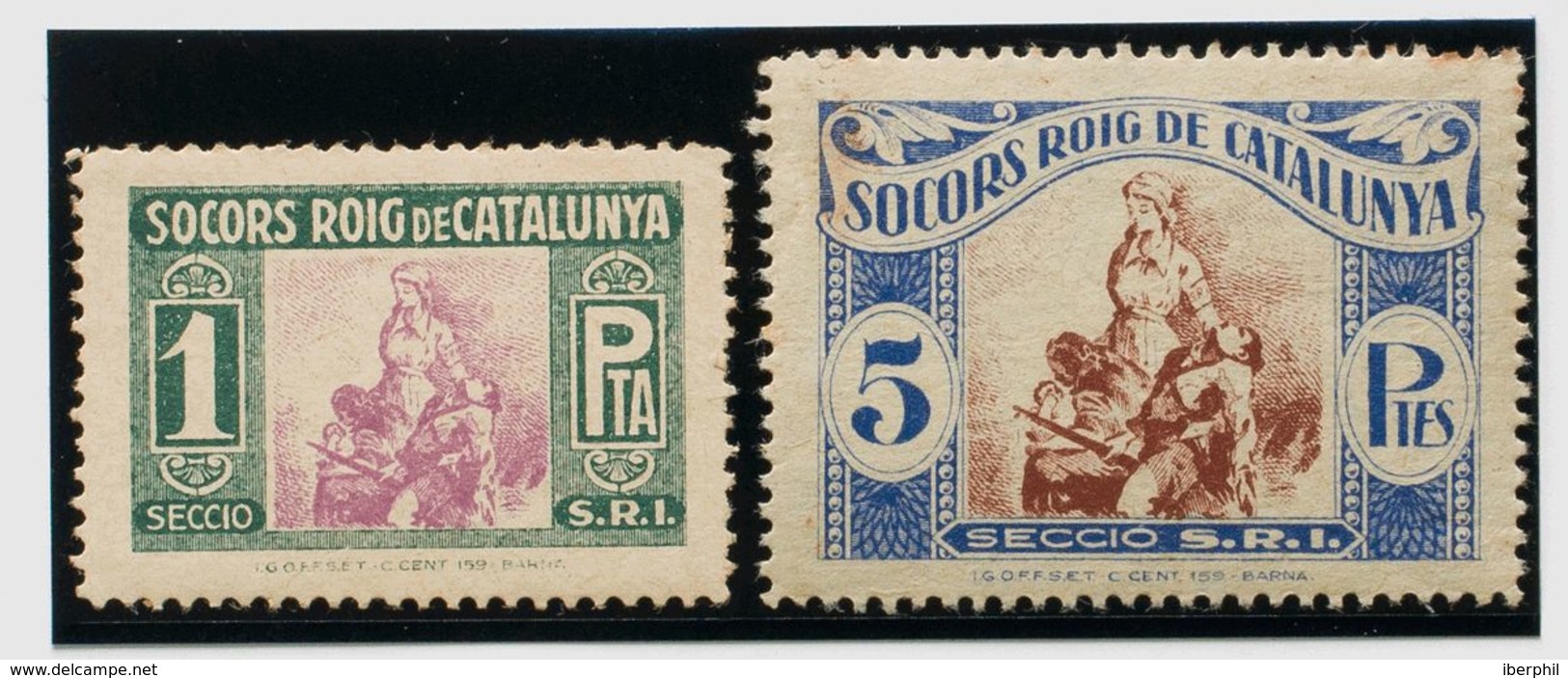 **. 1937. 1 Pts Verde Y Violeta Y 5 Pts Azul Y Castaño. S.R.I. SOCORS ROIG DE CATALUNYA. MAGNIFICOS Y MUY RAROS. (Guilla - Other & Unclassified