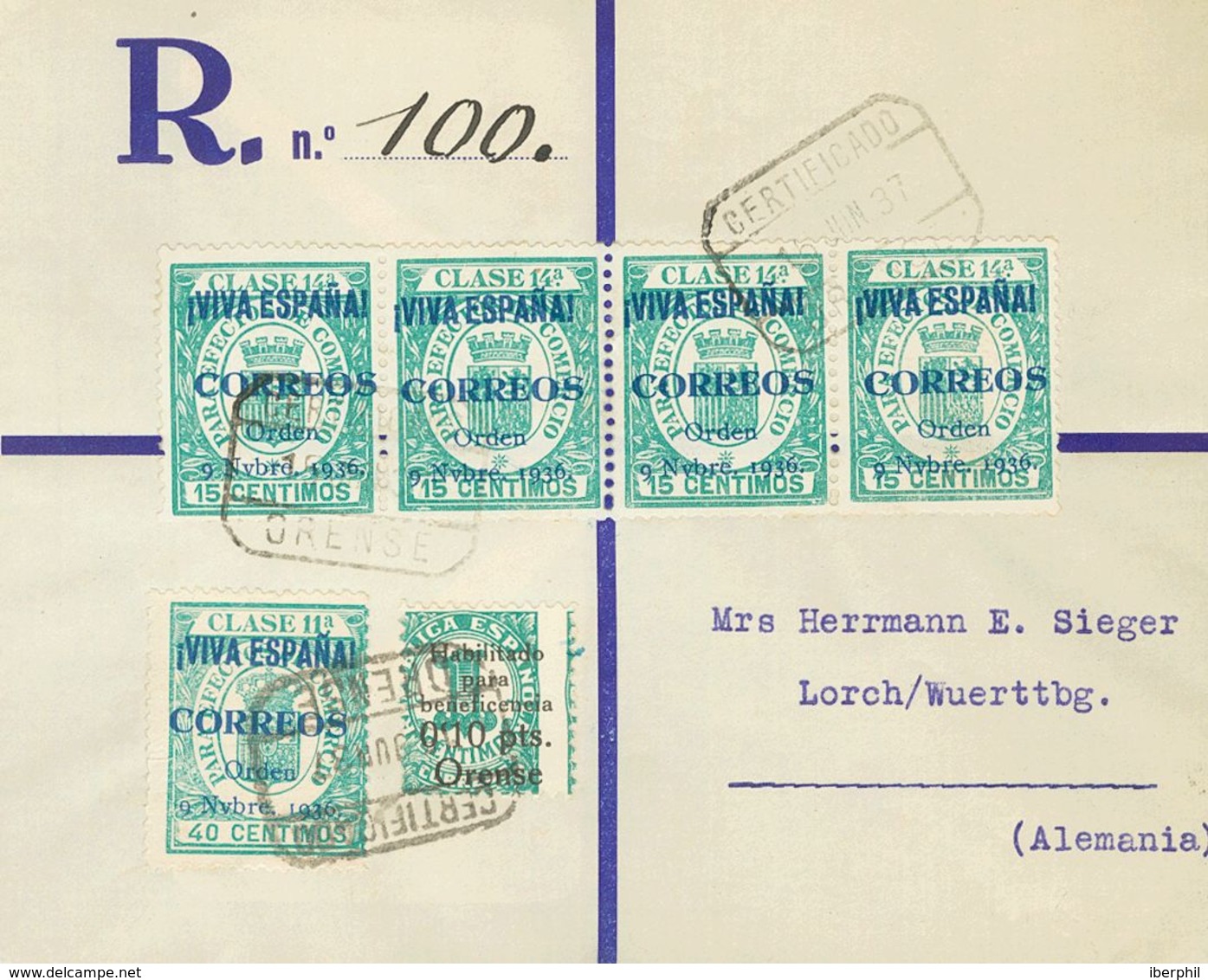 Sobre 32(4), 35. 1937. 15 Cts Verde, Tira De Cuatro, 40 Cts Verde Y Benéfico De Orense De 10 Cts Sobre 1 Cts. Certificad - Emissions Nationalistes