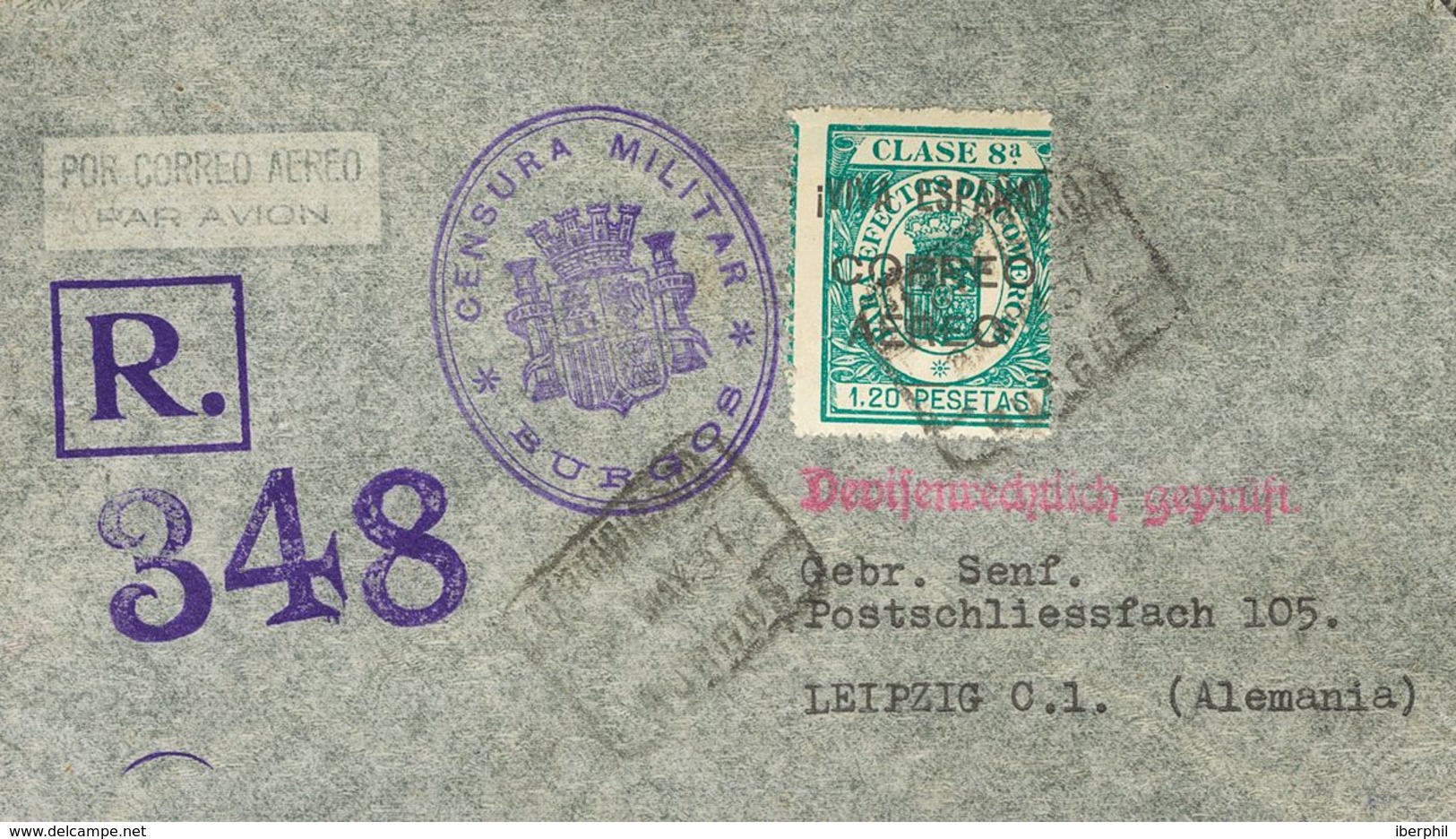 Sobre 63. 1937. 1'20 Pts Verde. Certificado De BURGOS A LEIPZIG (ALEMANIA). Al Dorso Banda De Censura Y Llegada. MAGNIFI - Nationalistische Uitgaves