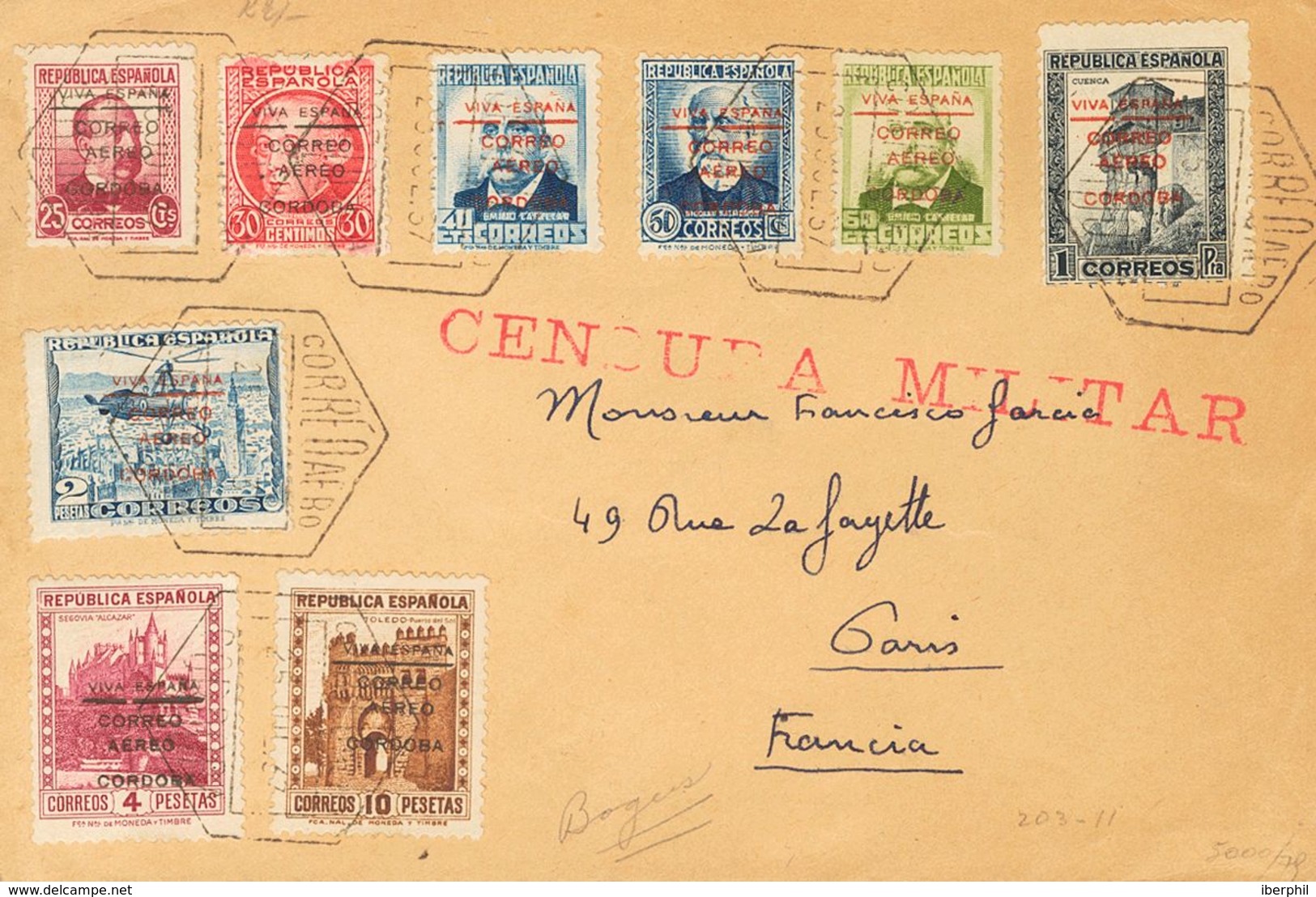 Sobre 1/9. 1937. Serie Completa. Correo Aéreo De CORDOBA A PARIS (FRANCIA). Al Dorso Llegada. MAGNIFICA Y MUY RARA. - Emissions Nationalistes