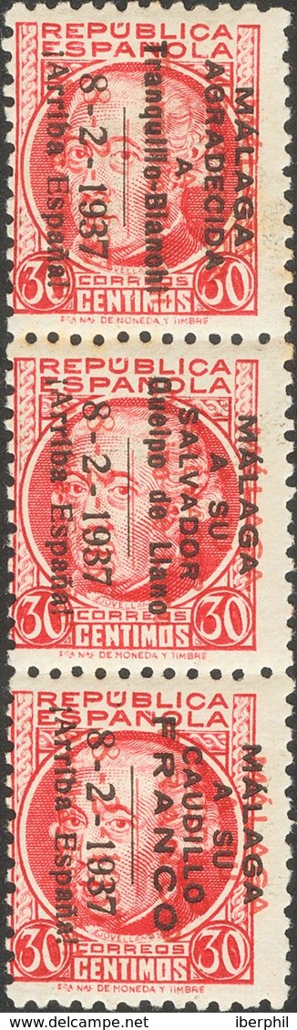 *38hh. 1937. 30 Cts Carmín, Tira De Tres. Variedad SOBRECARGA DOBLE, Una De Ellas En Rojo. MAGNIFICA. - Nationalistische Uitgaves