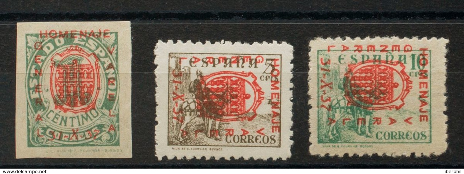 *1hcc, 4hcc, 5hcc. 1937. 1 Ctrs Verde, 5 Cts Castaño Y 10 Cts Verde. Variedad CAMBIO DE COLOR DE LA SOBRECARGA, En Rojo. - Nationalist Issues