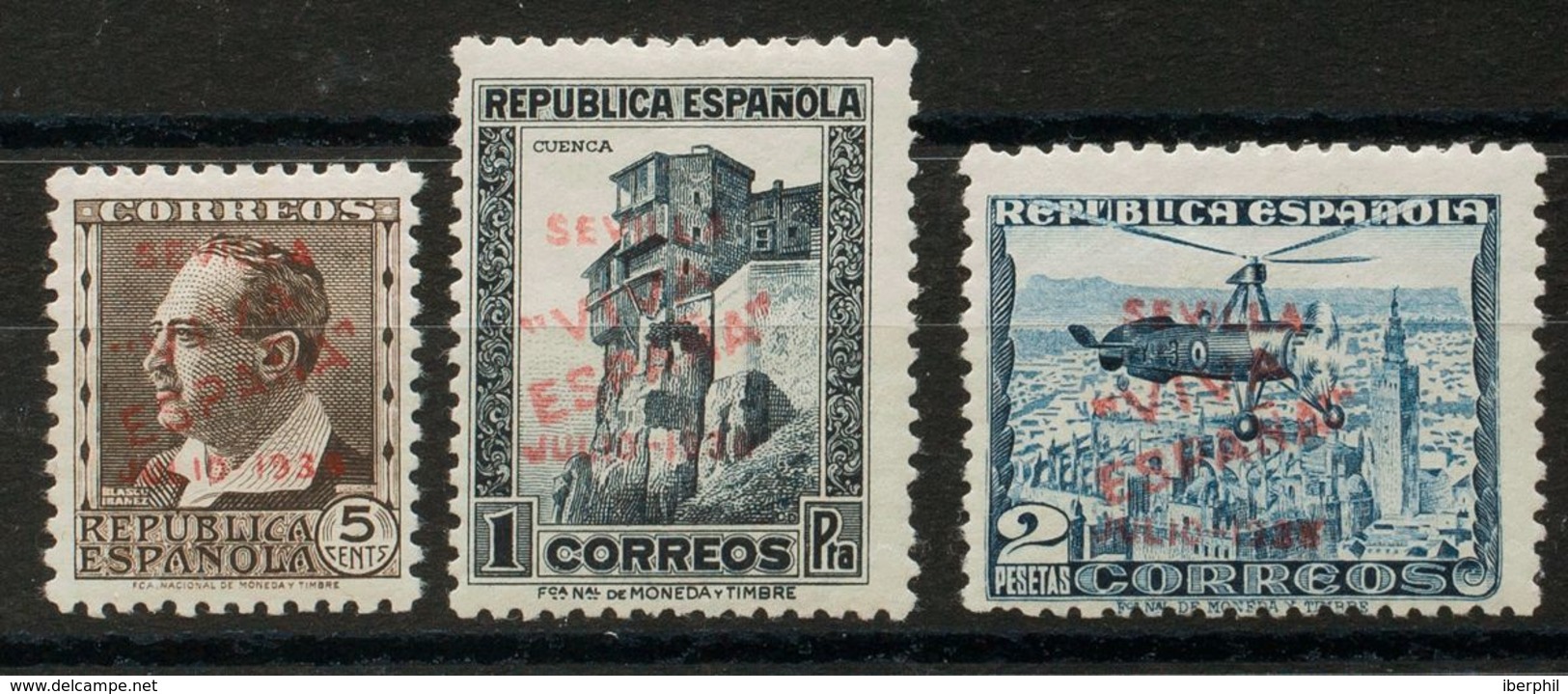 *3hcc, 13hcc, 14hcc. 1936. 5 Cts Castaño, 1 Pts Pizarra Y 2 Pts Azul. CAMBIOS DE COLOR EN LA SOBRECARGA, En Rojo. MAGNIF - Nationalistische Uitgaves