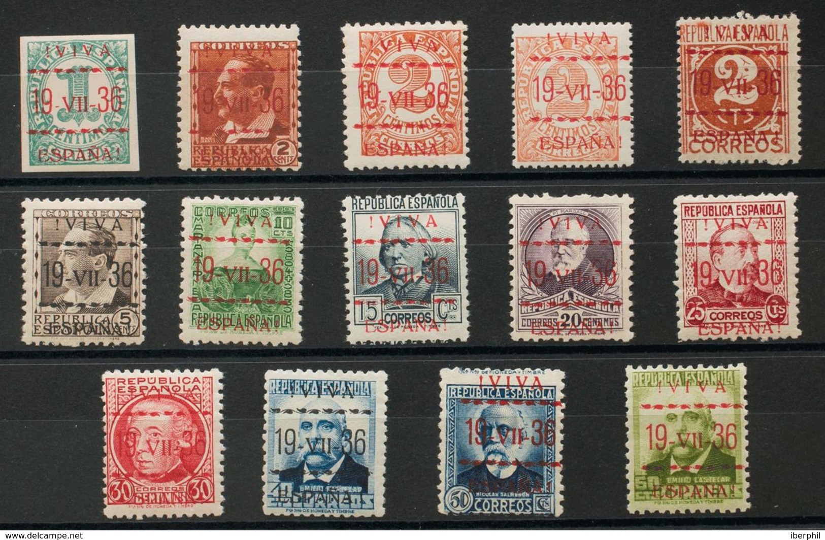 **1/14hcc. 1937. Serie Completa (Tipo I), Catorce Valores. CAMBIOS DE COLOR EN LA SOBRECARGA, En Rojo (excepto El 5 Cts  - Nationalist Issues