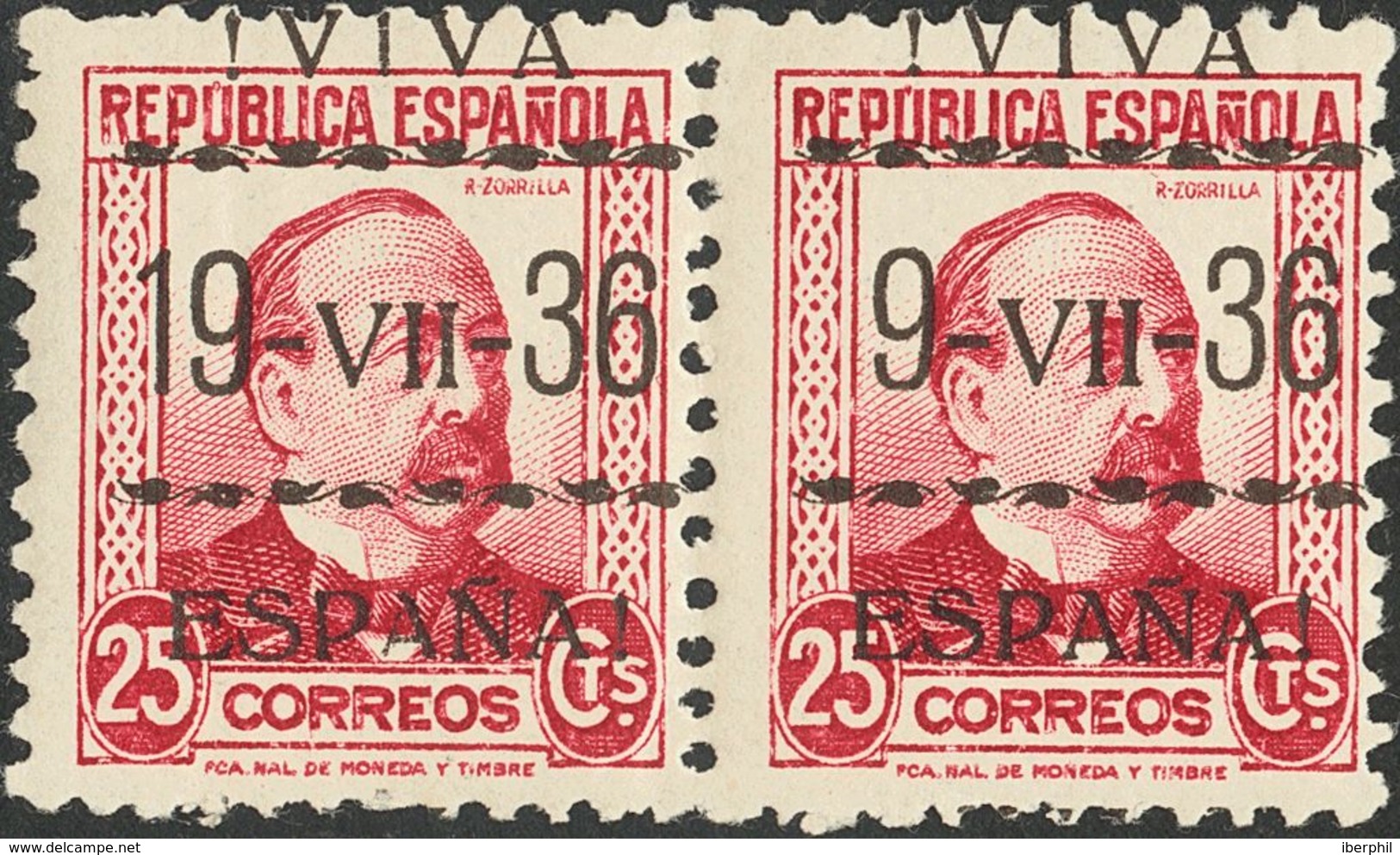 **10, 10he. 1936. 25 Cts Carmín, Pareja. Variedad Un Sello "1" DE "19" OMITIDO. MAGNIFICA. - Nationalist Issues