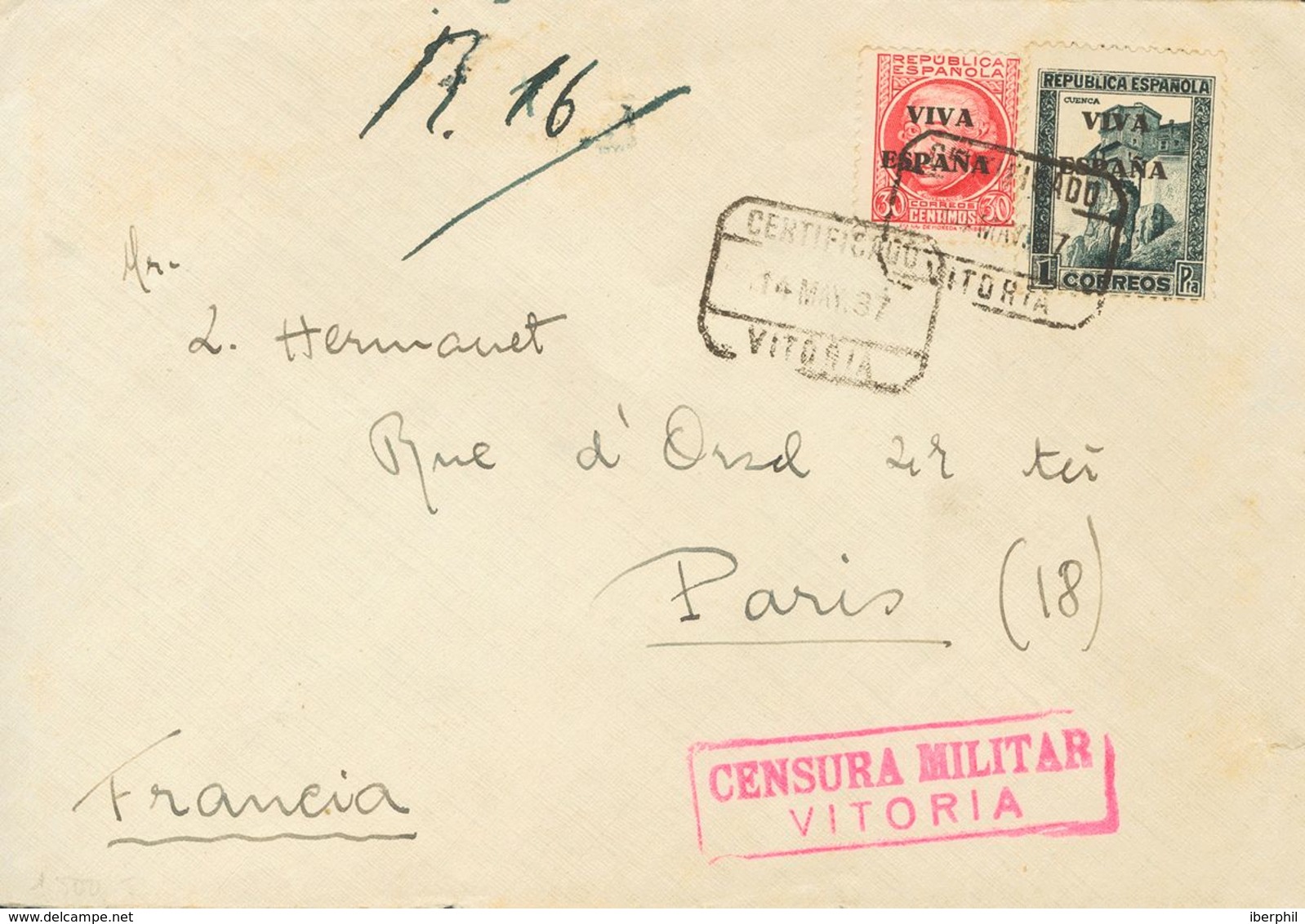 Sobre 26, 30. 1937. 30 Cts Carmín Y 1 Pts Pizarra. Certificado De VITORIA A PARIS (FRANCIA). Al Dorso Llegada. MAGNIFICA - Nationalist Issues